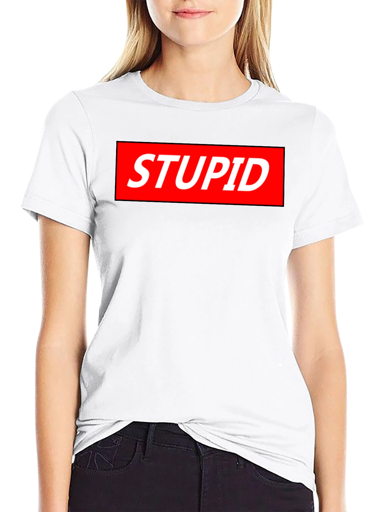 Black Statement Tee: Stupid Red Box Logo - Bold Black Shirt view 9