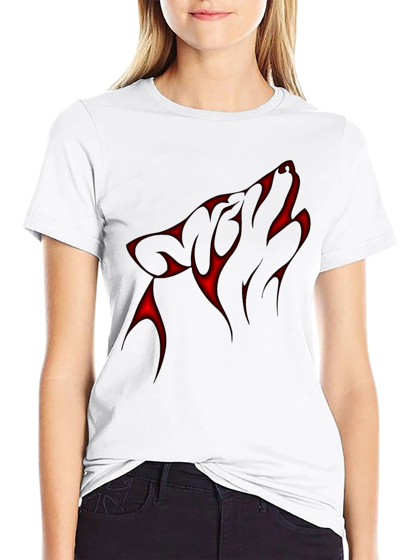 Black Black T-Shirt with Red Wolf Silhouette Design view 9