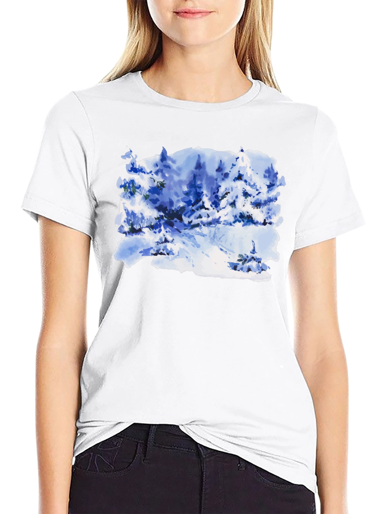 Black Watercolor Winter Scene Black T-Shirt view 9