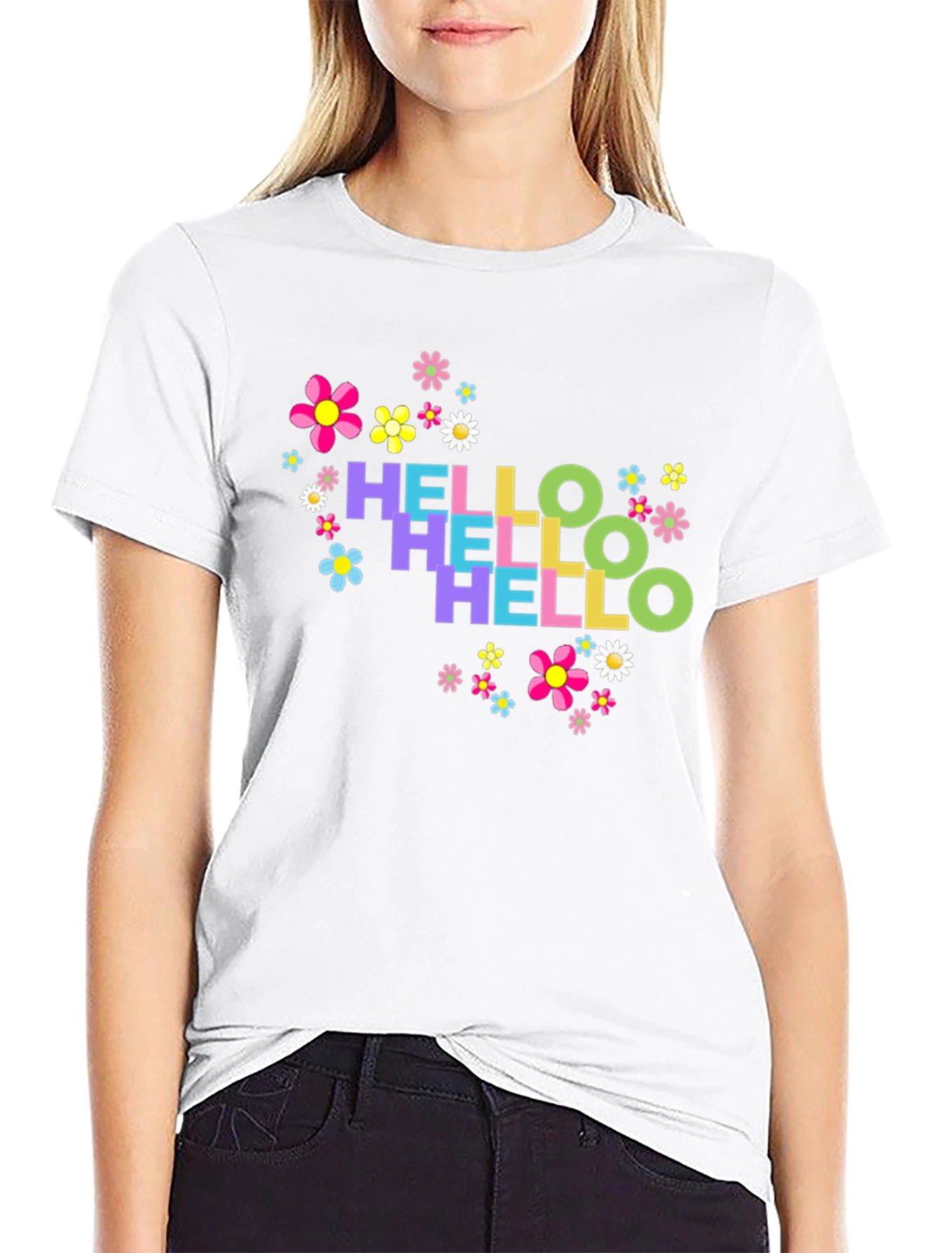 Black Hello Floral Graphic Tee - Black Cotton T-Shirt view 9