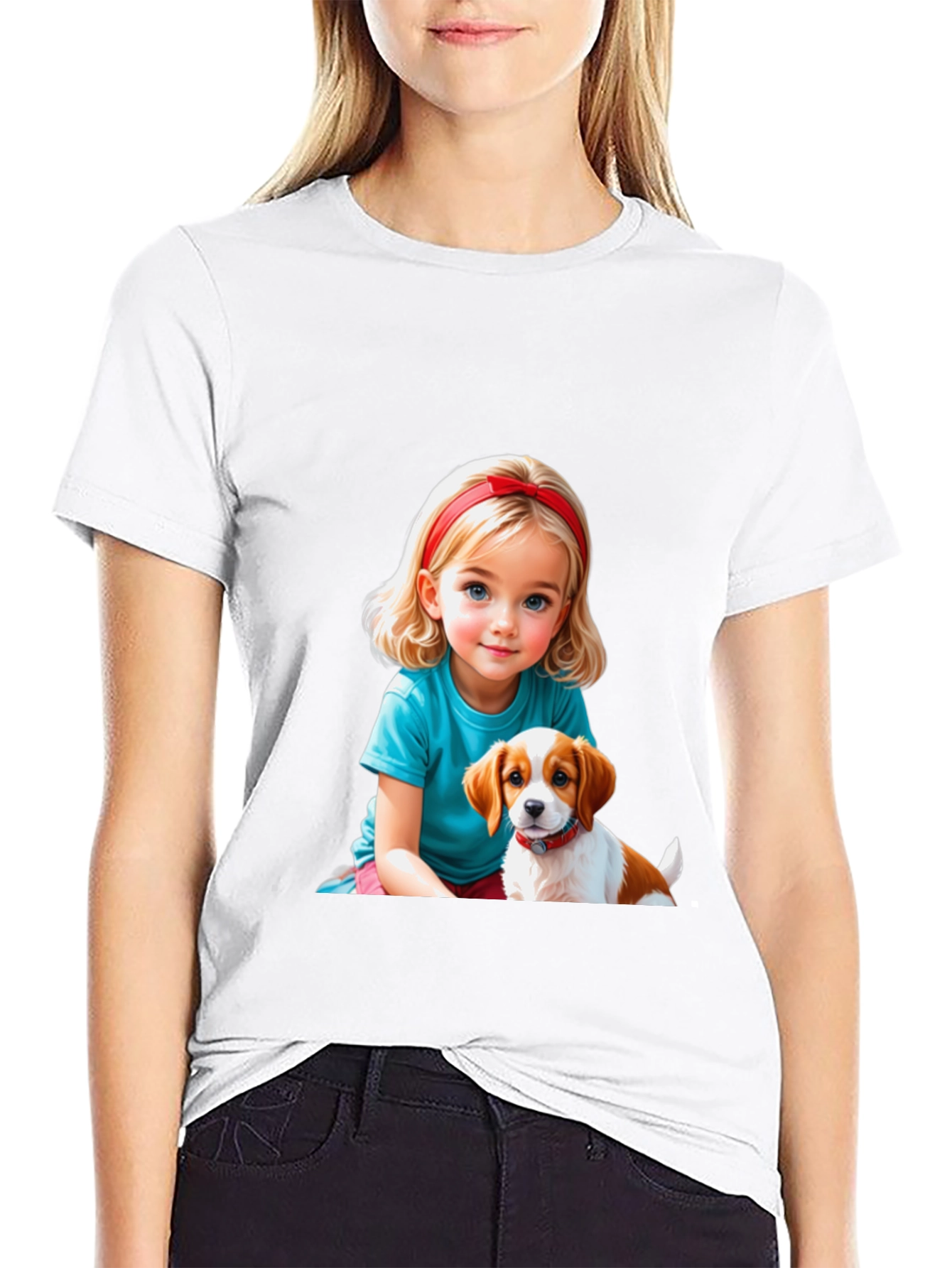 Black Cute Girl & Puppy Graphic Tee - Black Casual T-Shirt view 9