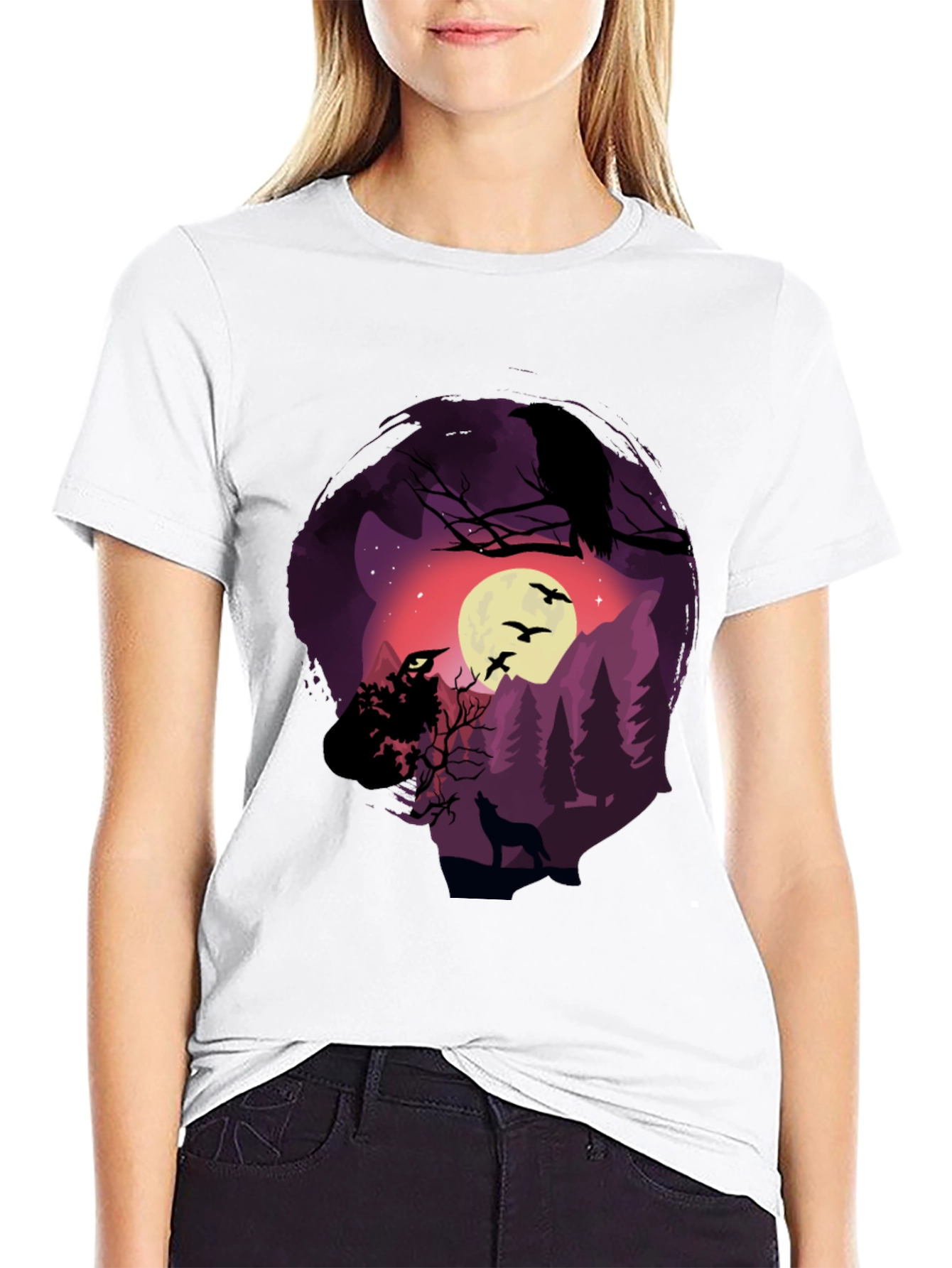 Black Raven Moon Wolf Graphic T-Shirt view 9