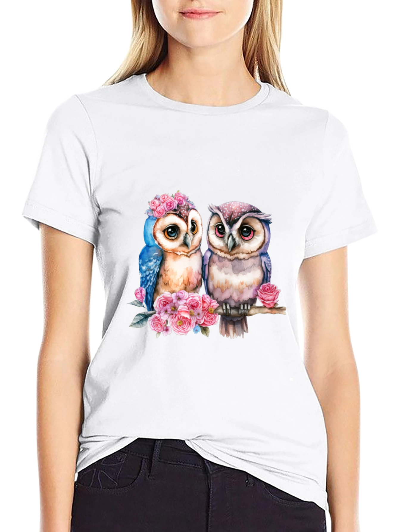 Black Owl Couple T-Shirt - Floral Design view 9