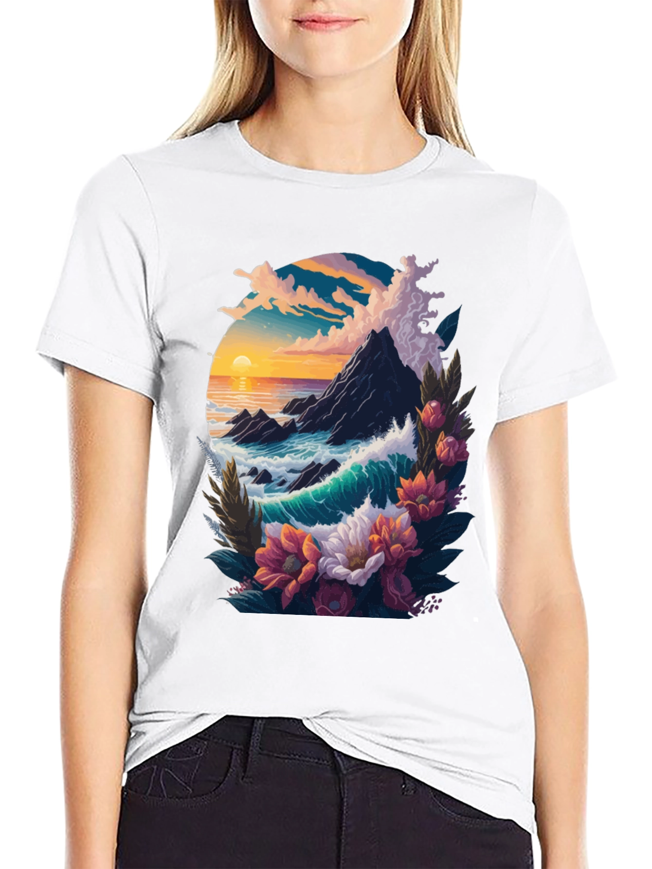 Black Ocean Sunset Floral Graphic Tee view 9