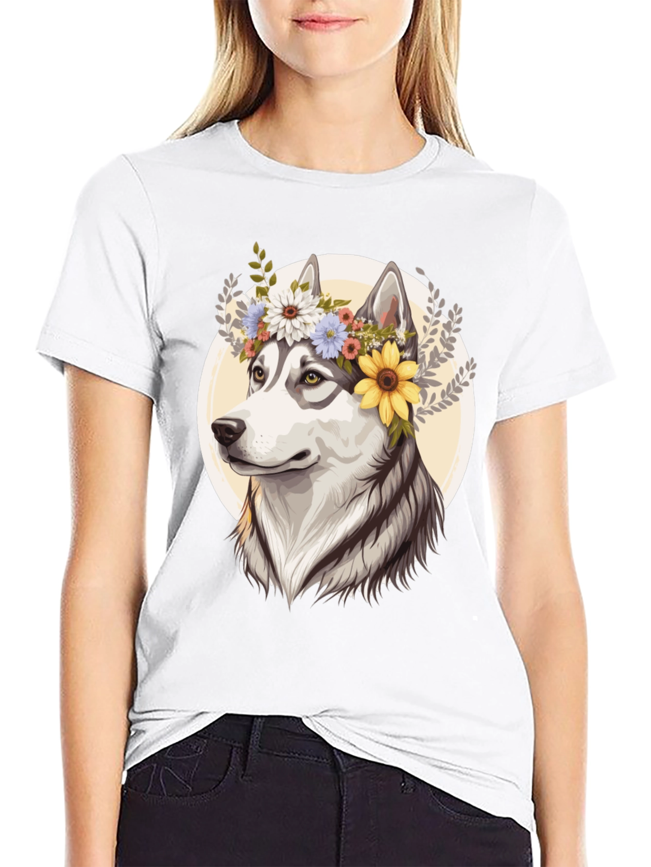 Black Floral Husky Graphic Tee - Unisex Black T-Shirt view 9