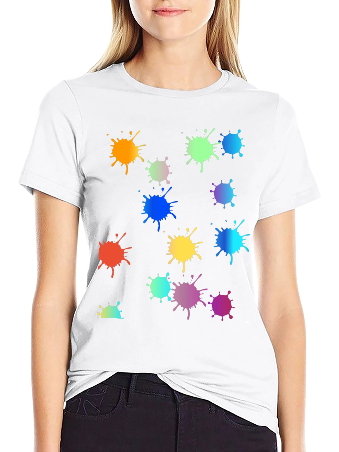 Black Rainbow Paint Splatter Graphic Tee - Black Crew Neck T-Shirt view 9