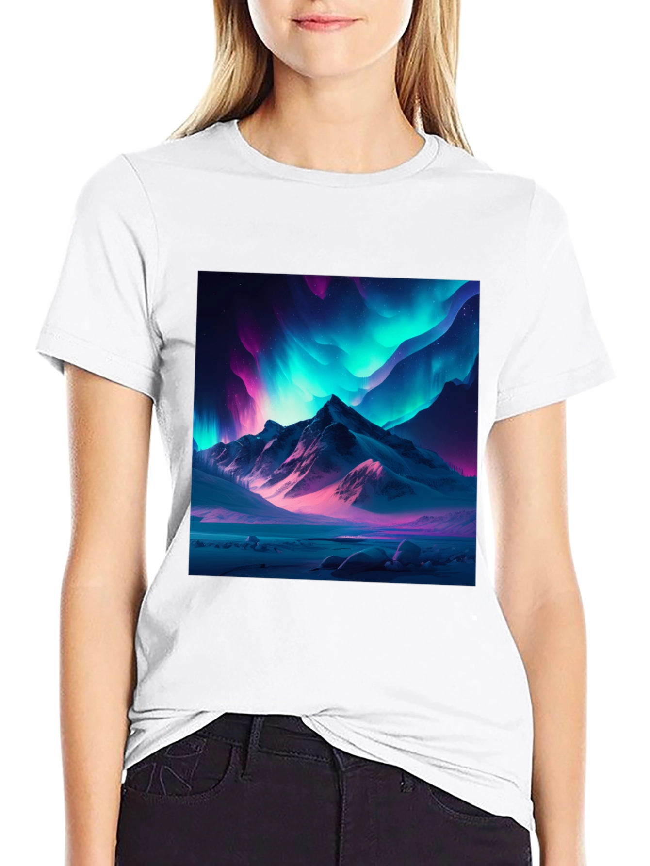 Black Aurora Mountain Graphic Tee - Black Cotton Blend view 9