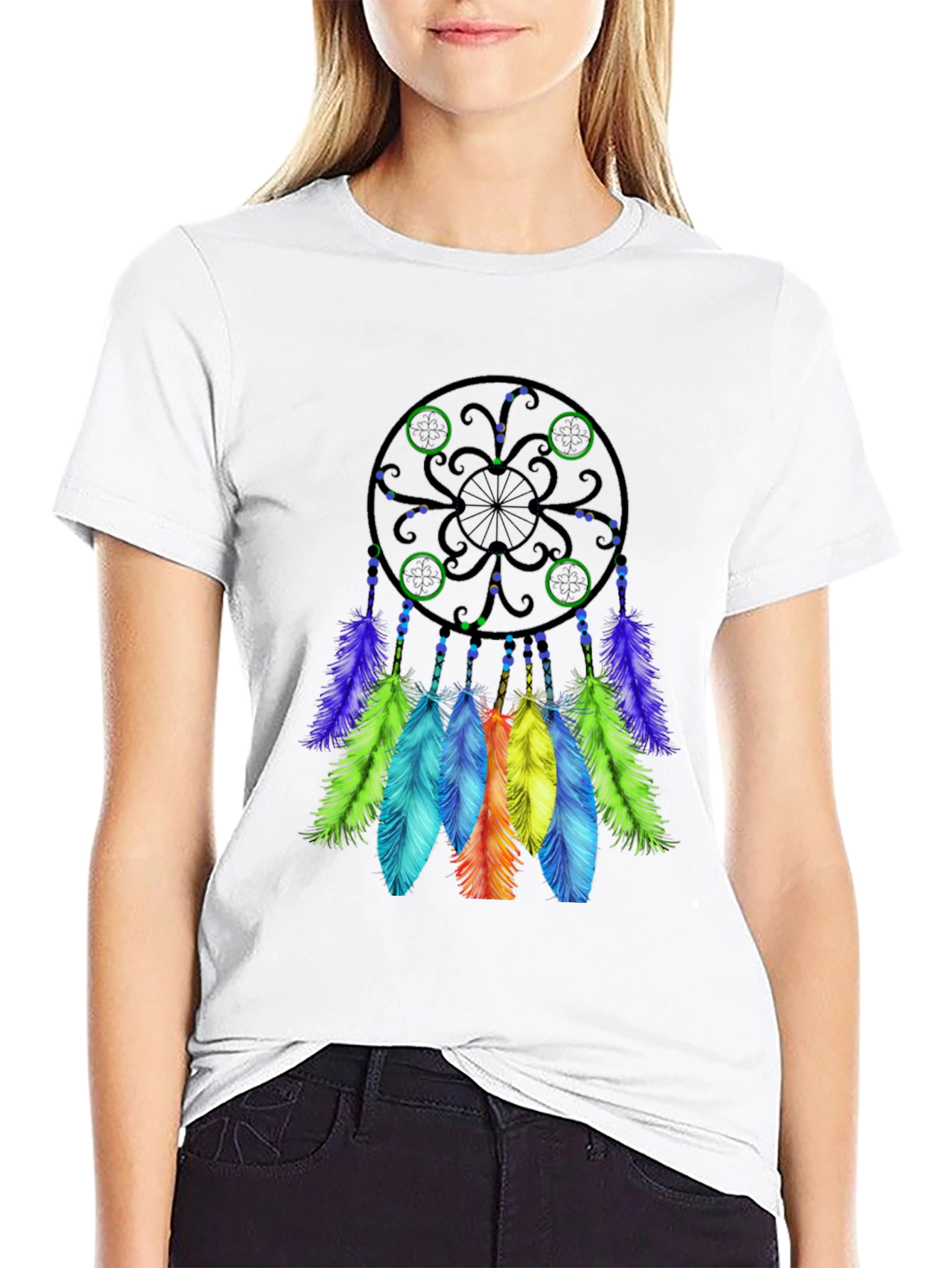 Black Dreamcatcher T-Shirt - Black Cotton Tee with Colorful Feather Design view 9