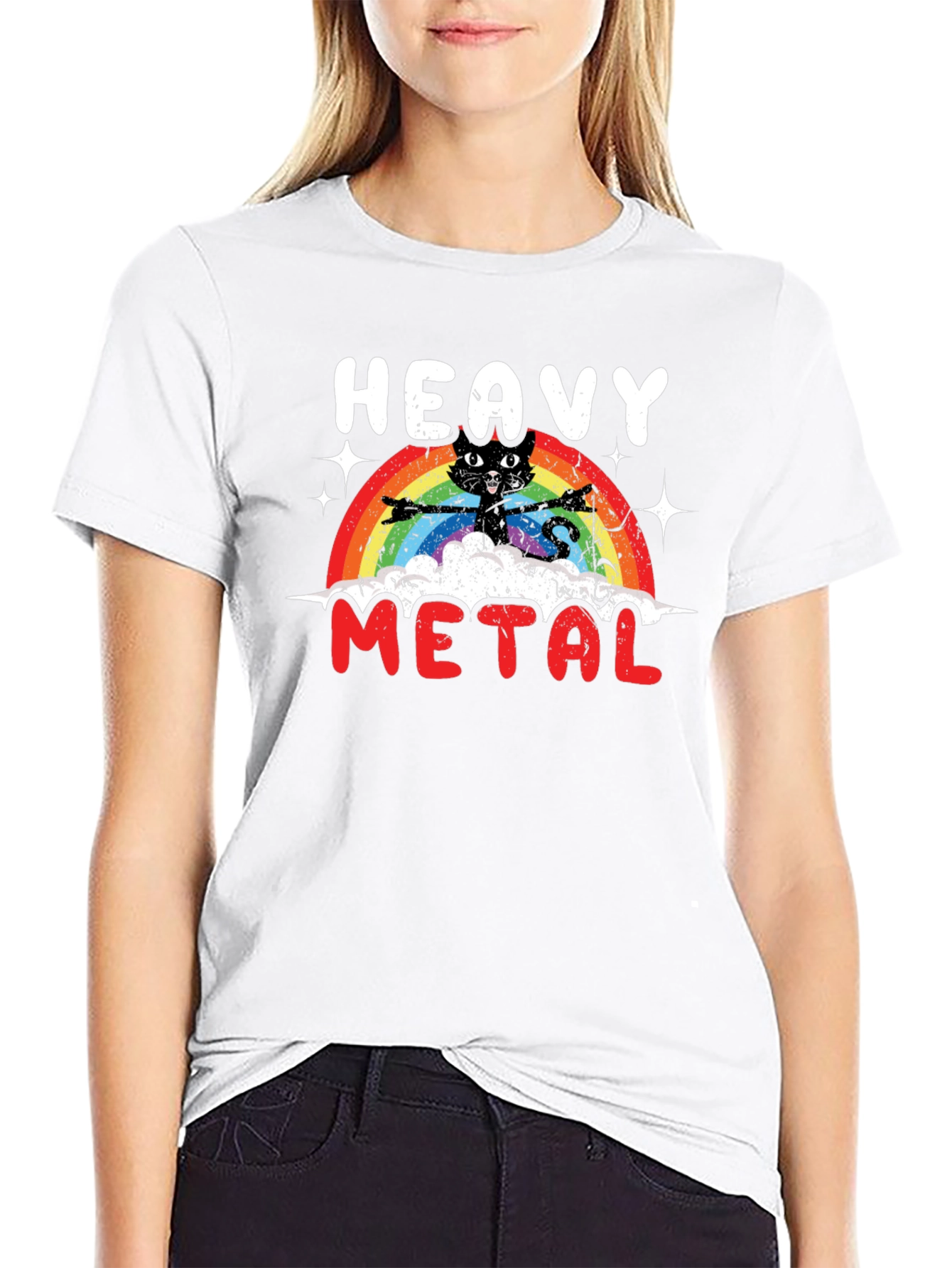 Black Heavy Metal Cat Rainbow T-Shirt view 9