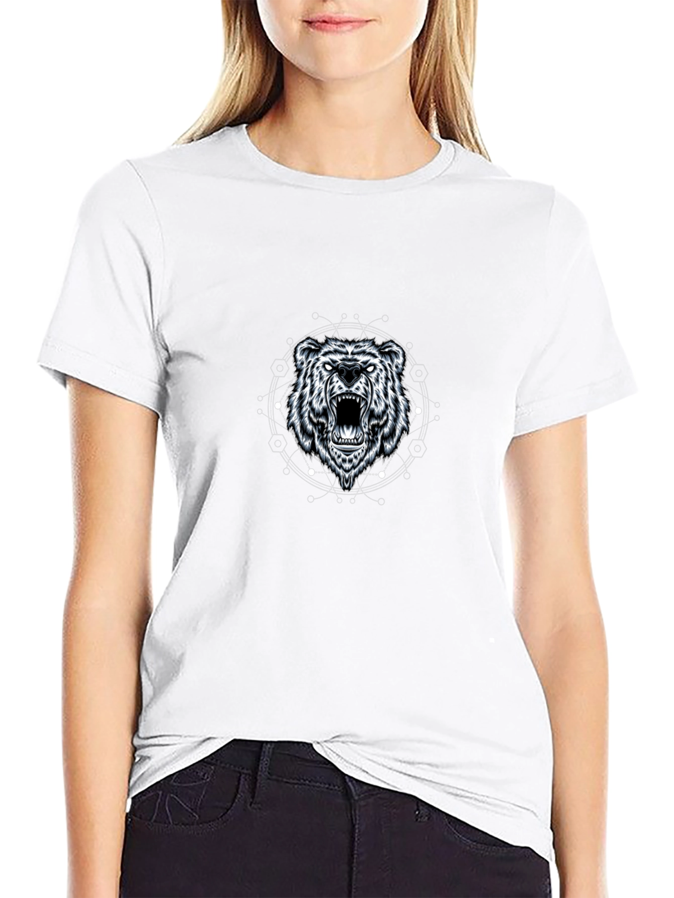 Black Geometric Bear Graphic Tee - Black Cotton Blend view 9