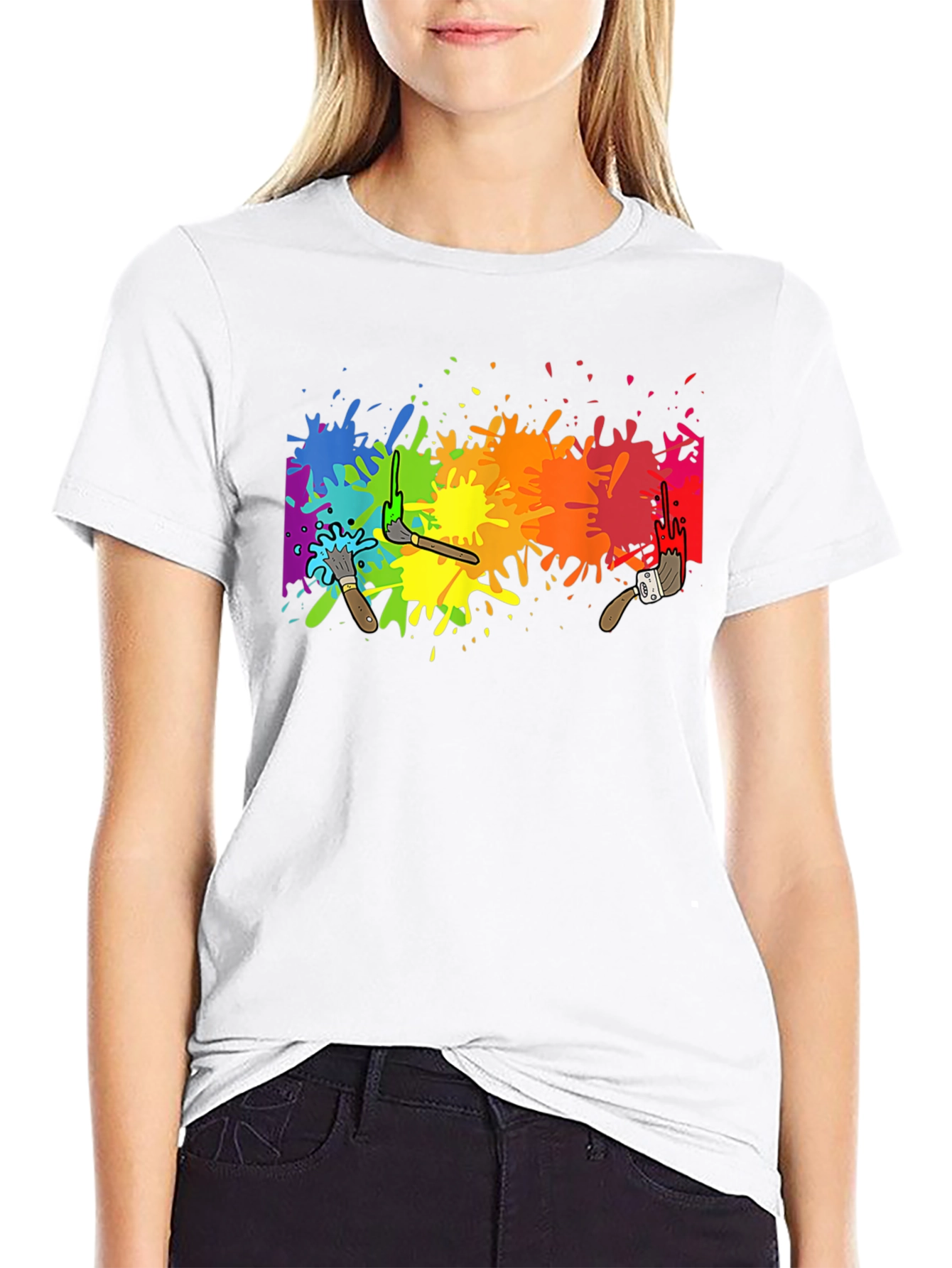 Black Rainbow Paint Splatter Graphic Tee - Artistic Black T-Shirt view 9