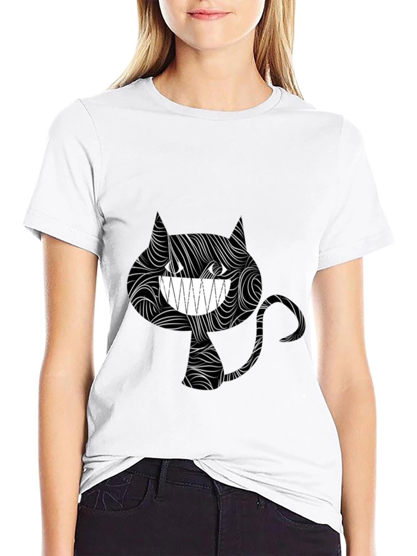 Black Grinning Cat Tee - Stylish Black Graphic T-Shirt view 9