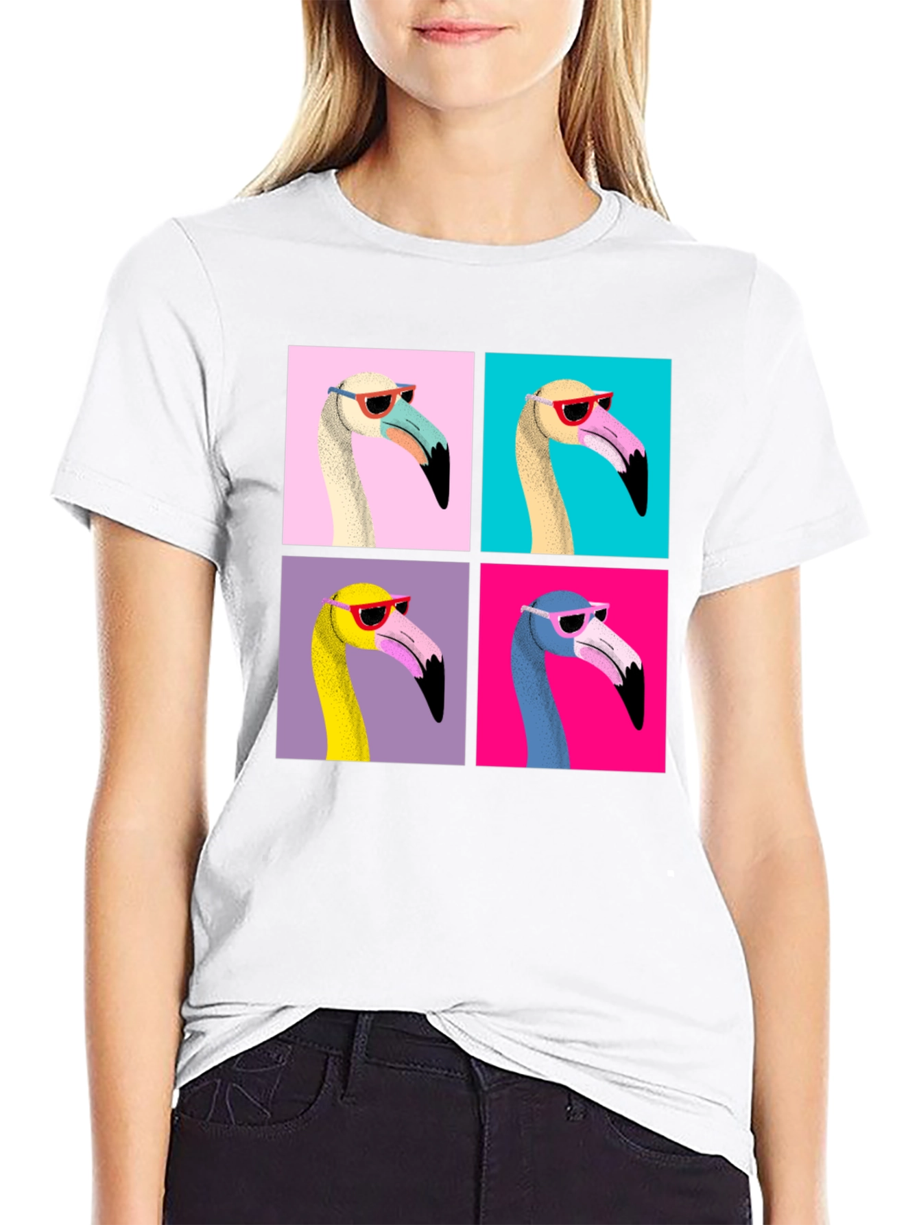 Black Funky Flamingo Pop Art Graphic T-Shirt view 9