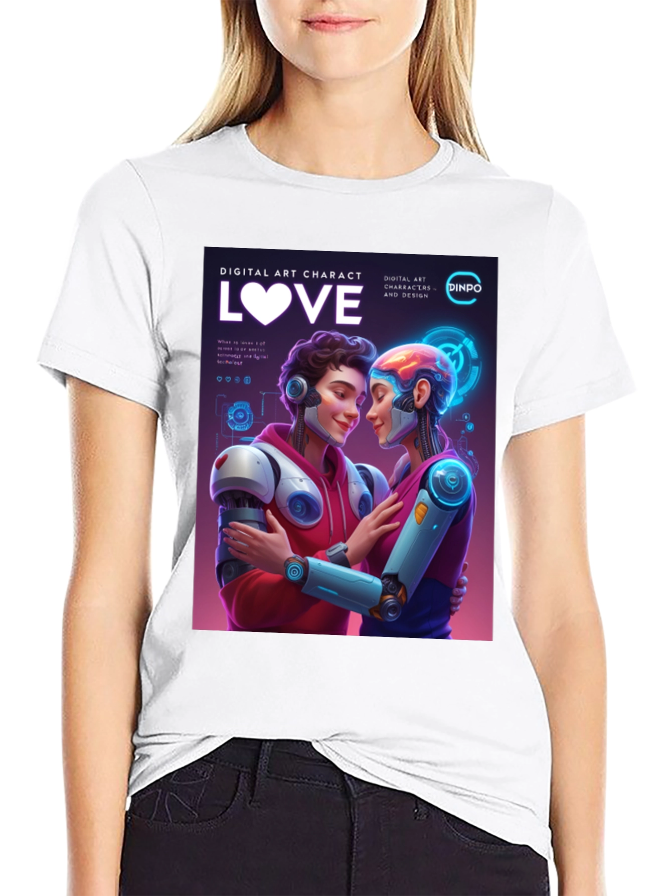 Black Robotic Love T-Shirt - Digital Art Character Design view 9