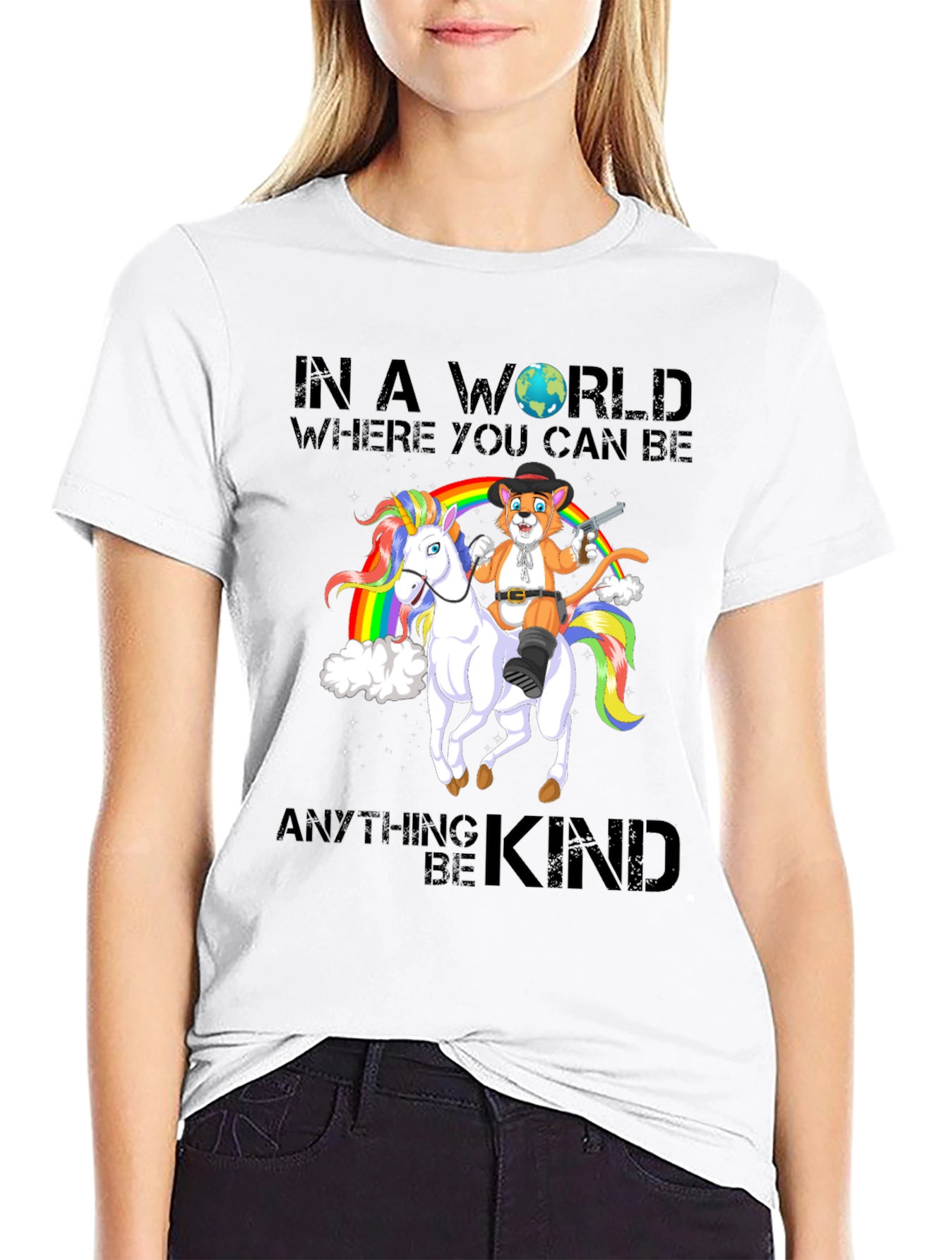 Black Be Kind T-Shirt: Cat Cowboy Riding Unicorn view 9