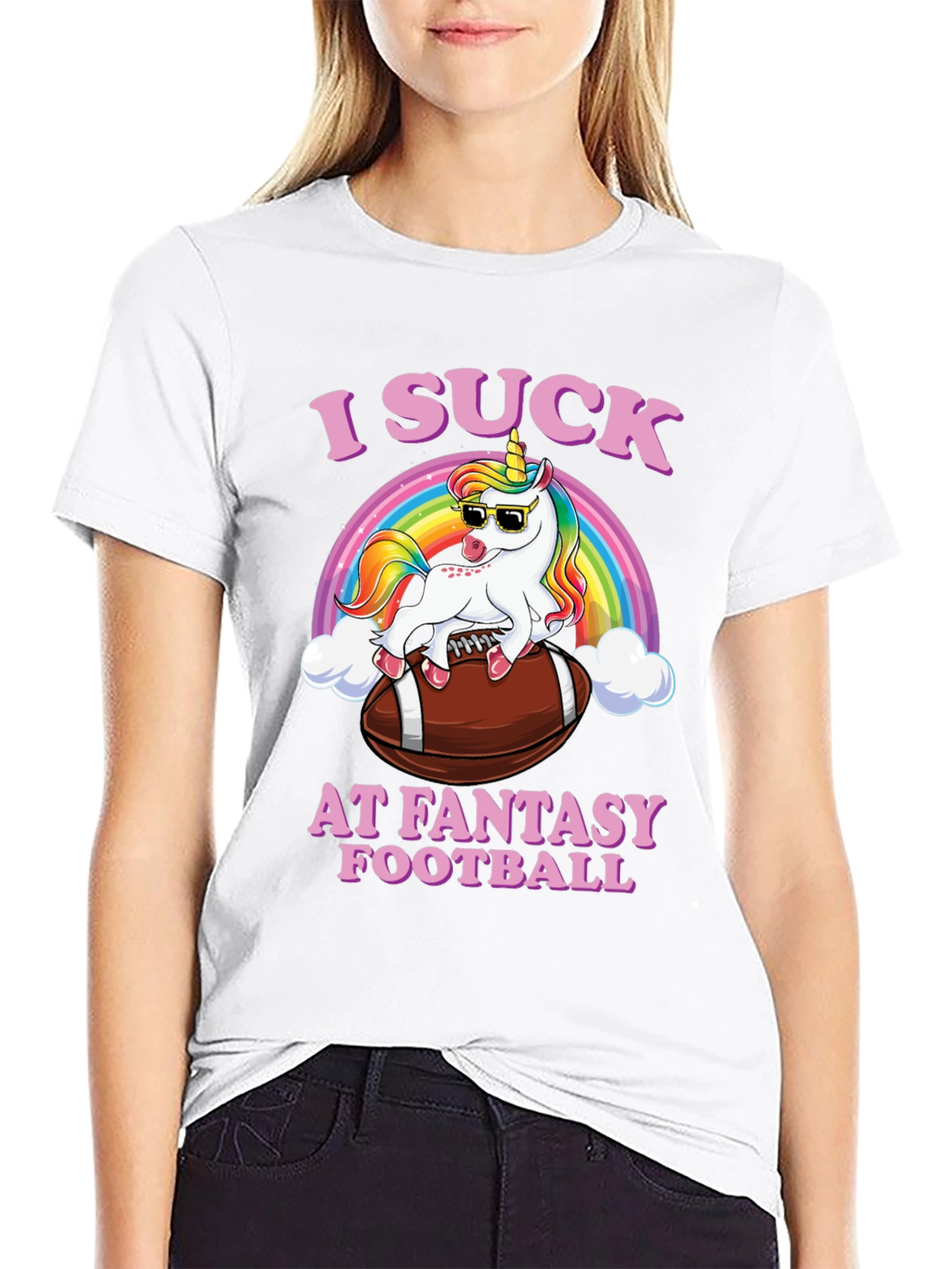 Black I Suck at Fantasy Football Unicorn T-Shirt view 9
