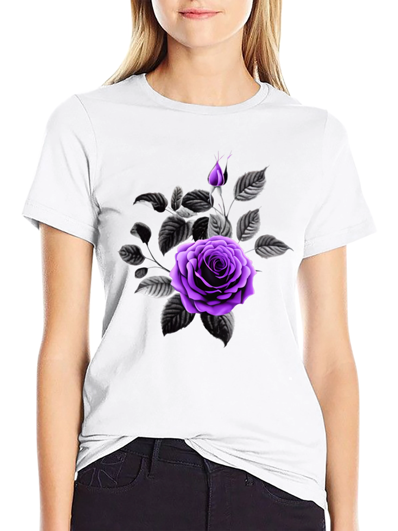 Black Black T-Shirt with Purple Rose Graphic view 9
