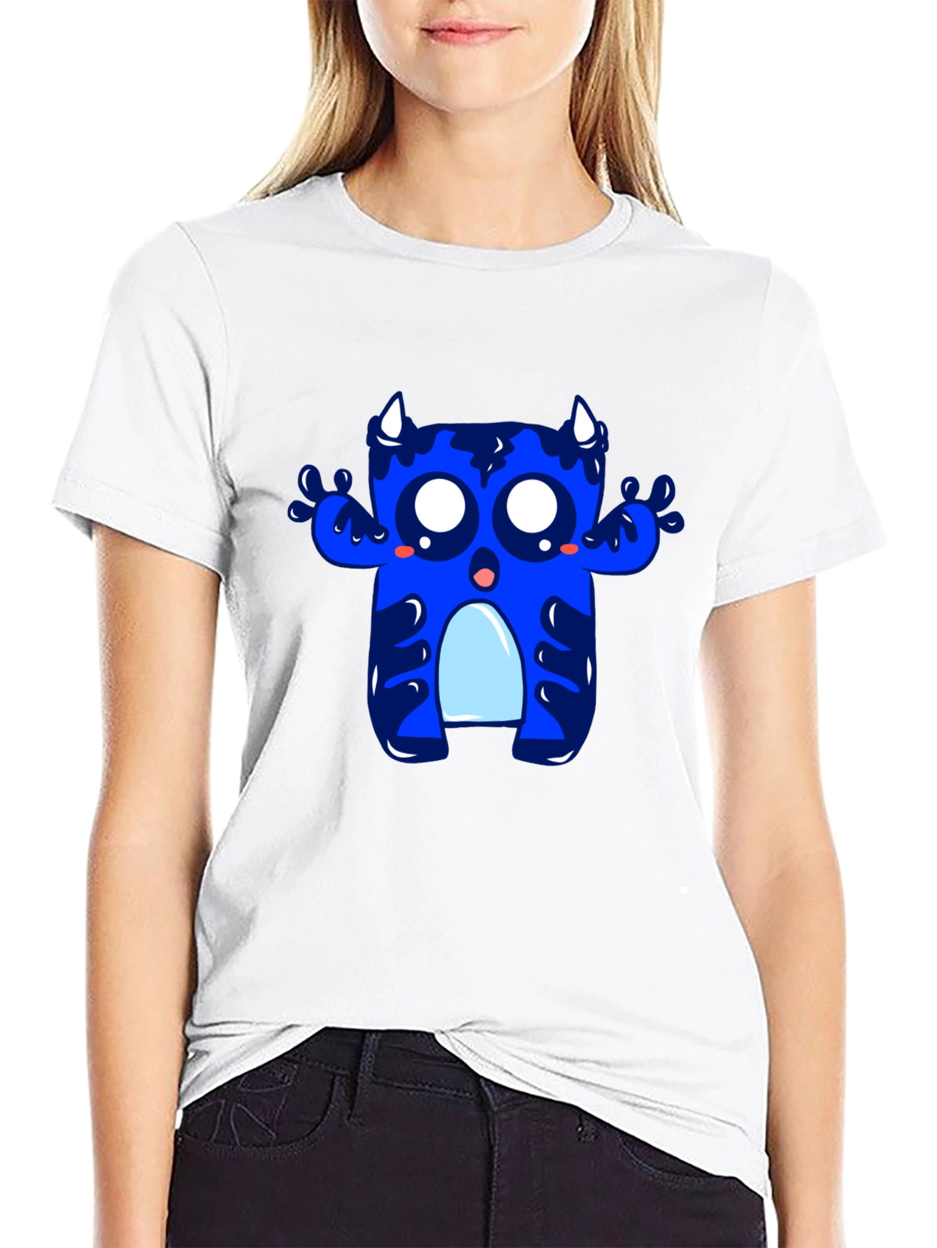 Black Cute Blue Monster Graphic Tee - Black Cotton T-Shirt view 9