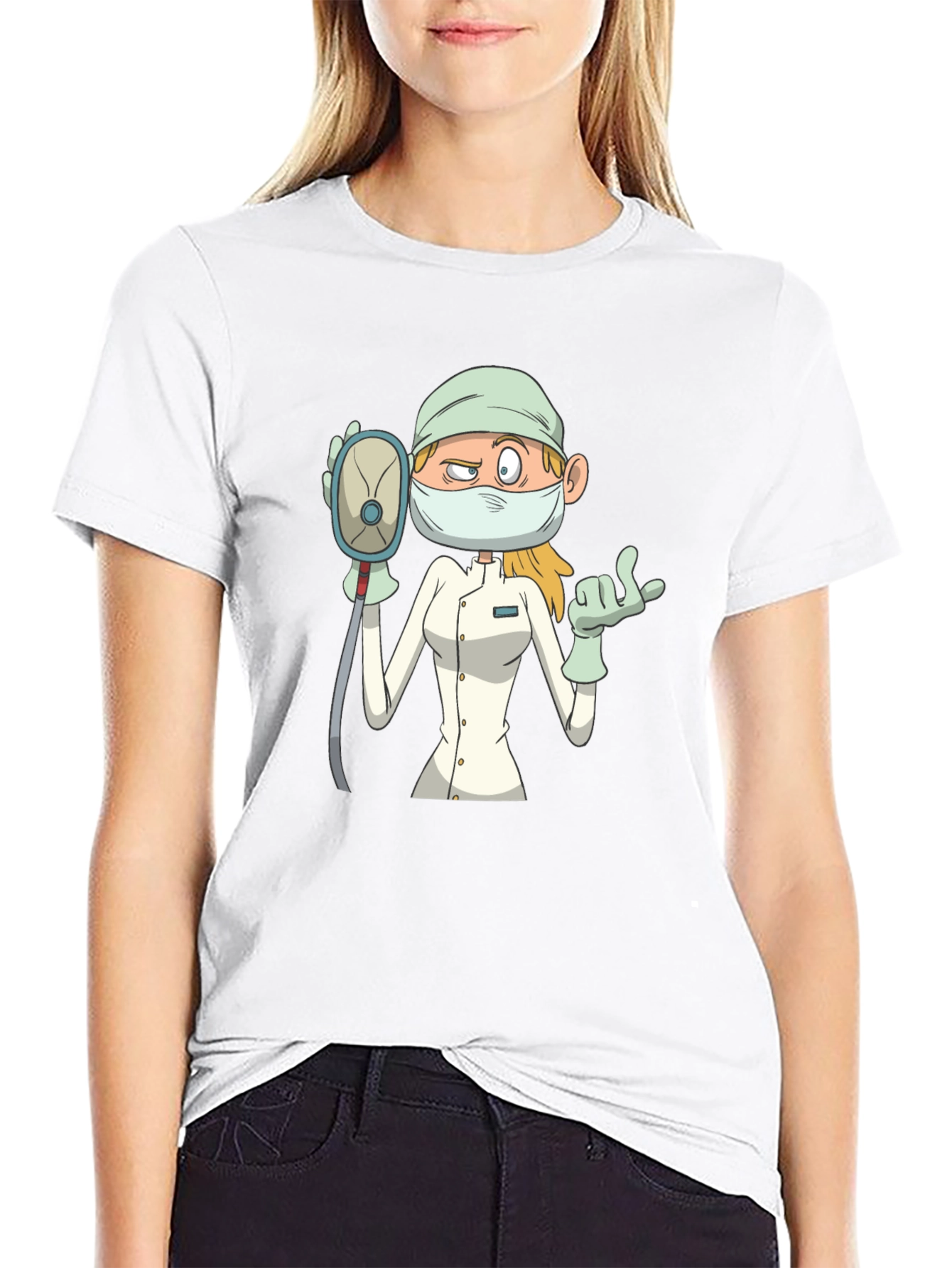 Black Cartoon Nurse T-Shirt - Unisex Black Tee view 9