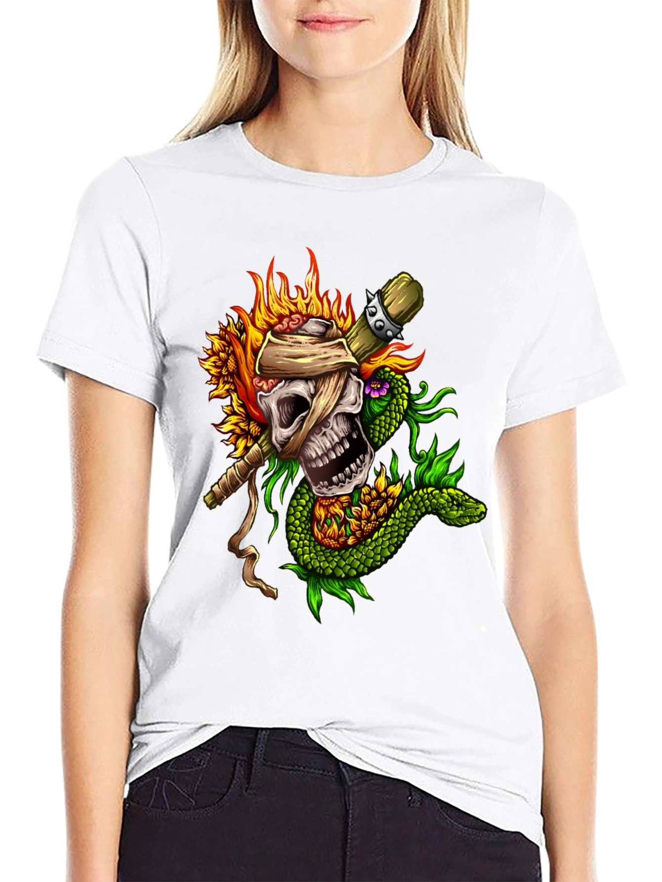 Skull, Snake, Sunflowers Black T-Shirt - 9