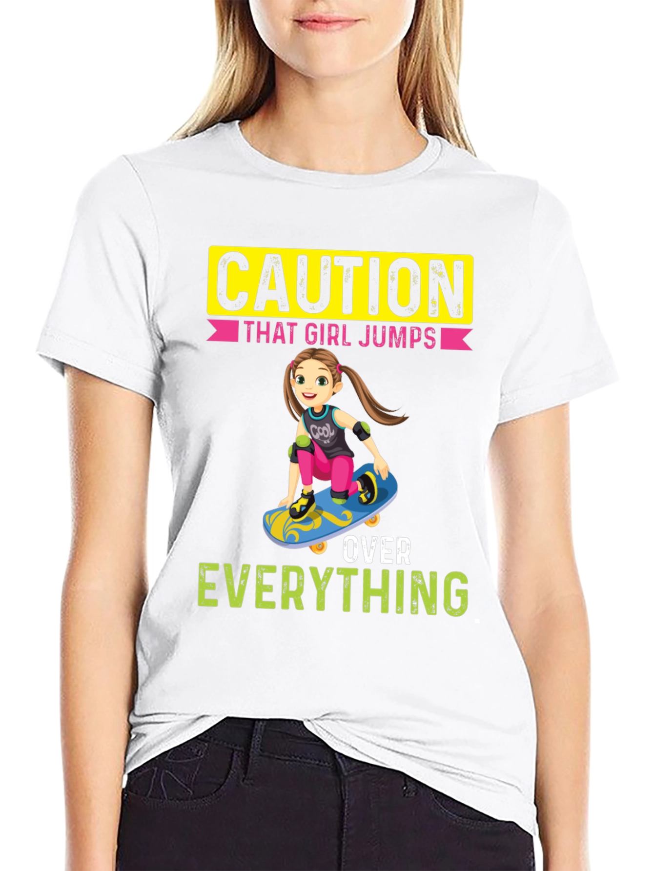 Black Caution: That Girl Jumps Over Everything Graphic Tee view 9