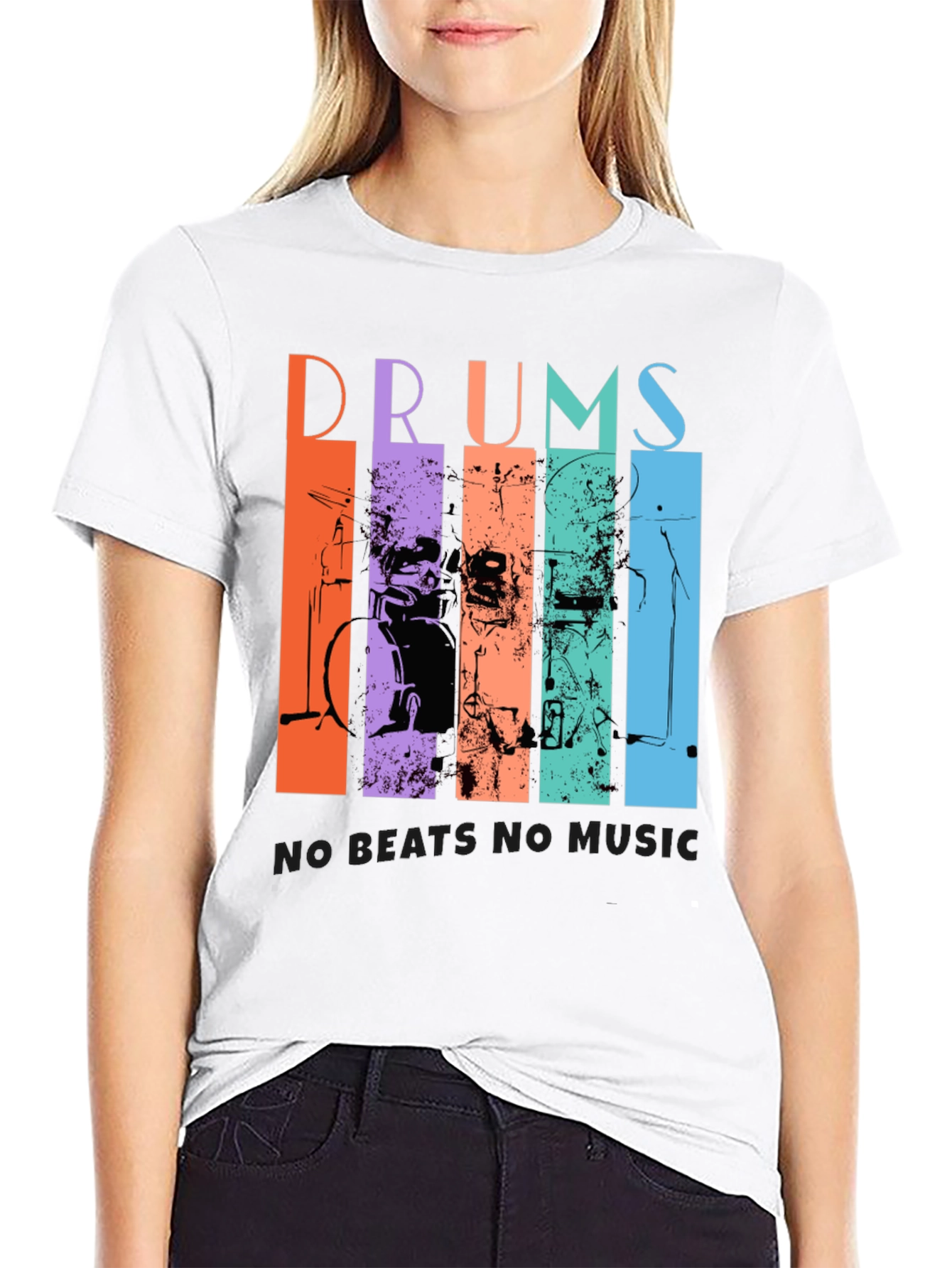 Black Colorful Drums Music Graphic T-Shirt view 9