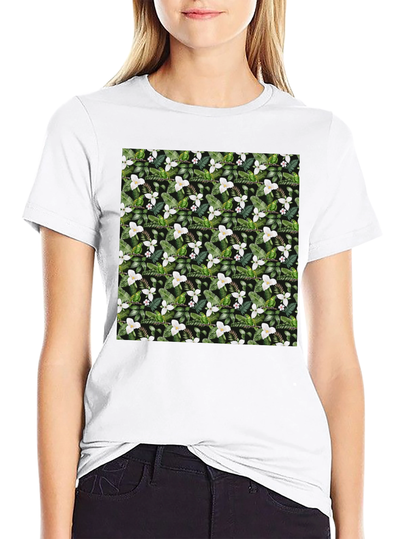 Black Floral Print T-Shirt - Botanical Design view 9