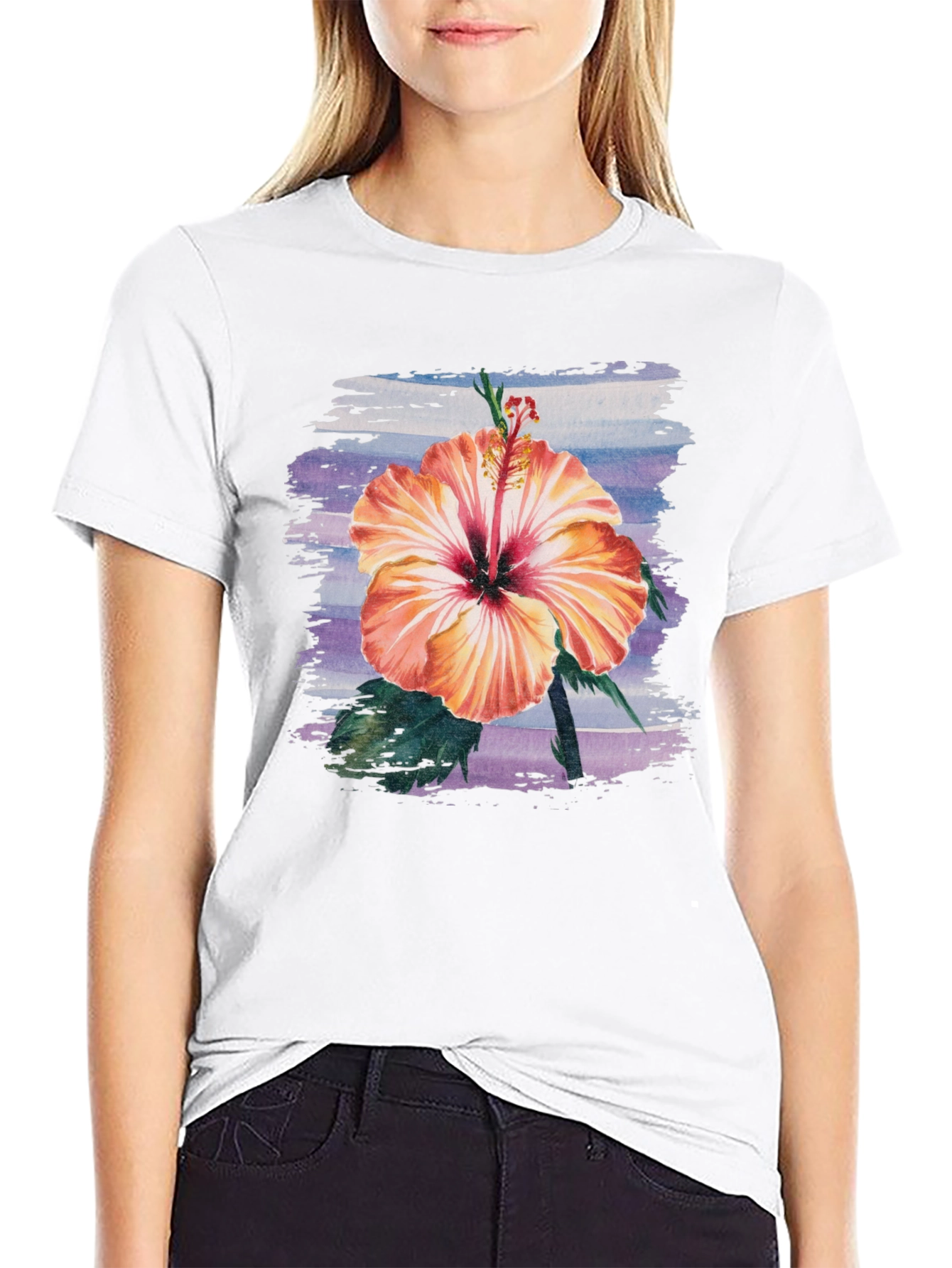 Black Hibiscus Flower Graphic Black T-Shirt view 9