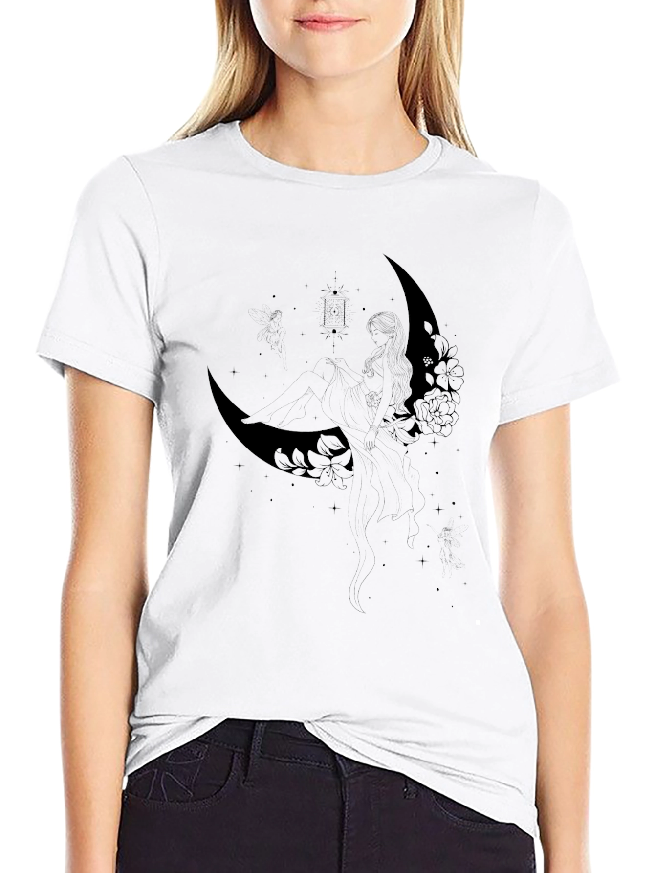 Black Black Floral Crescent Moon Graphic T-Shirt view 9