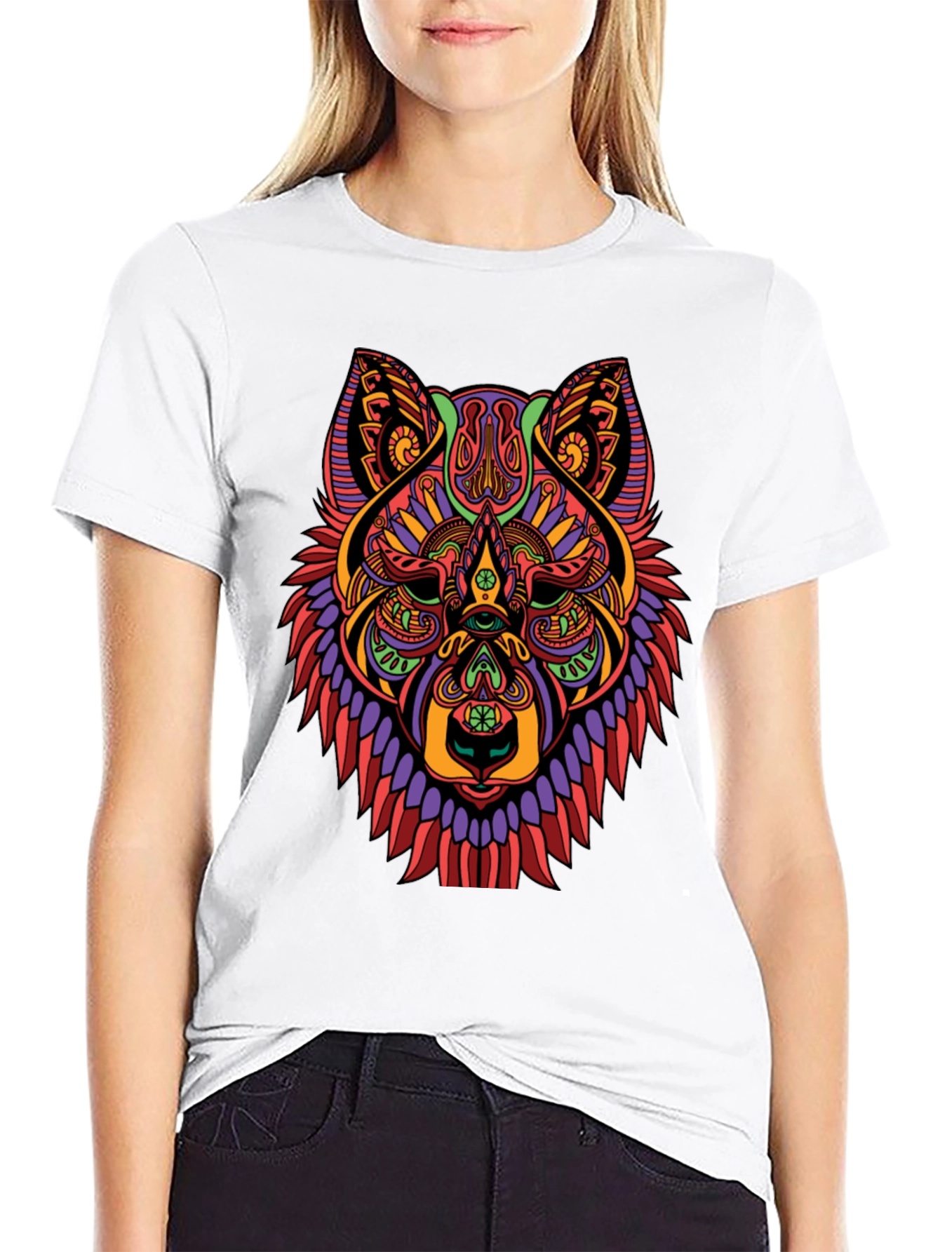 Black Psychedelic Wolf Graphic Print Black T-Shirt view 9
