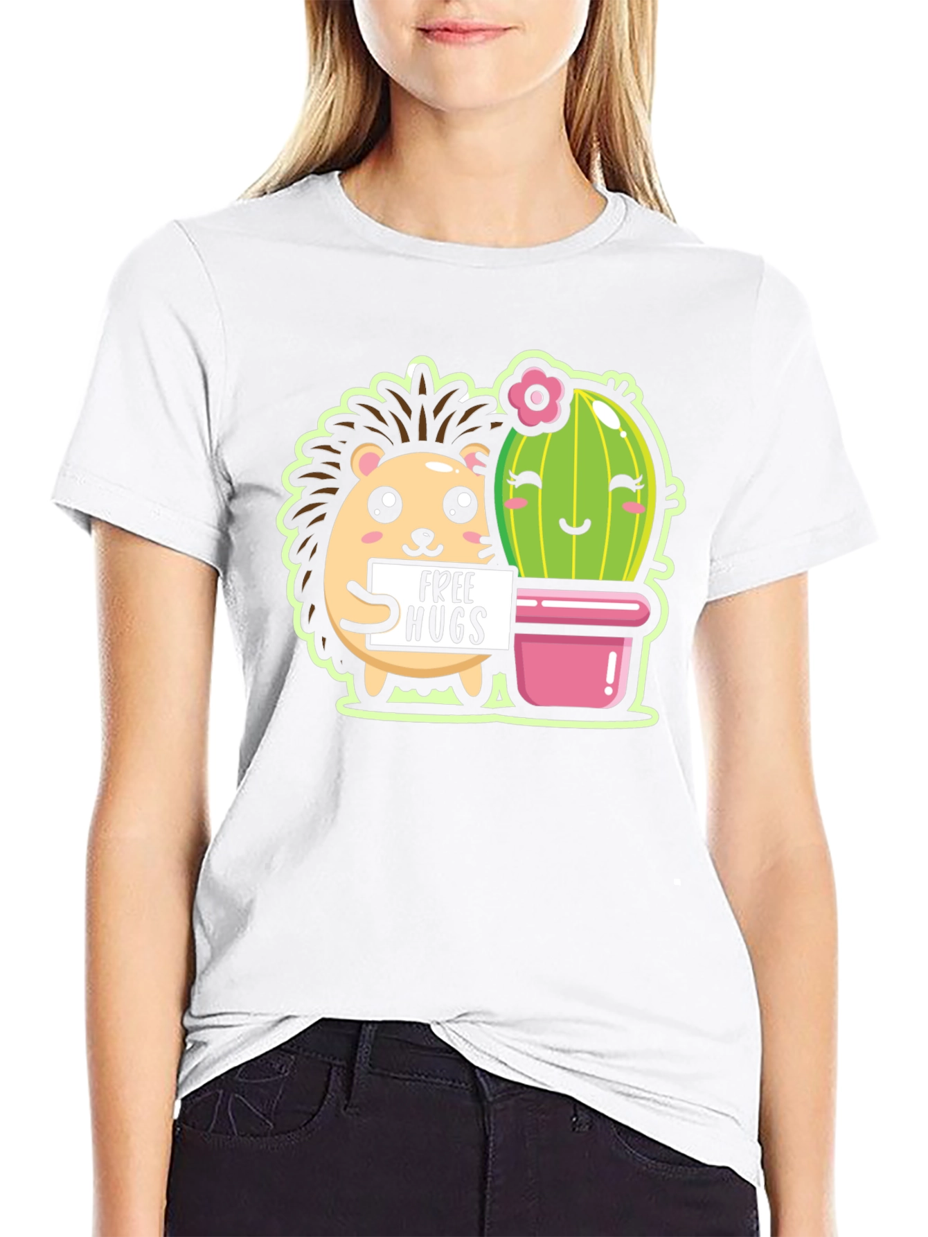 Black Cute Hedgehog & Cactus Free Hugs Black T-Shirt view 9