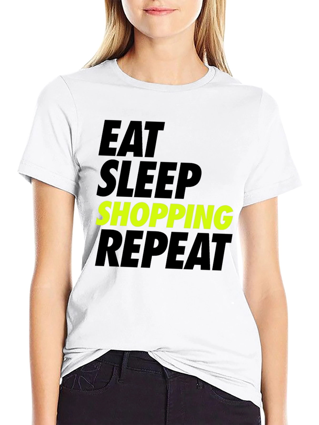 Black Eat Sleep Shopping Repeat T-Shirt - Black Cotton Tee view 9