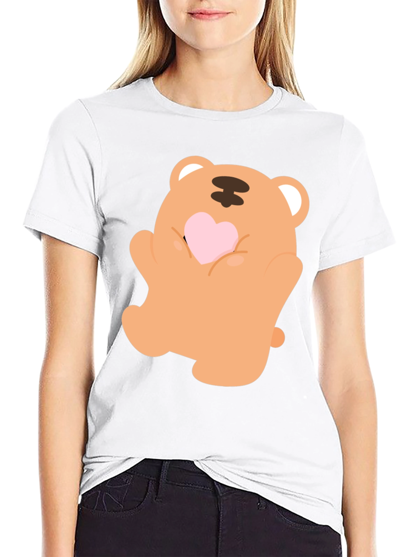 Black Cute Bear Holding Heart Graphic Tee view 9