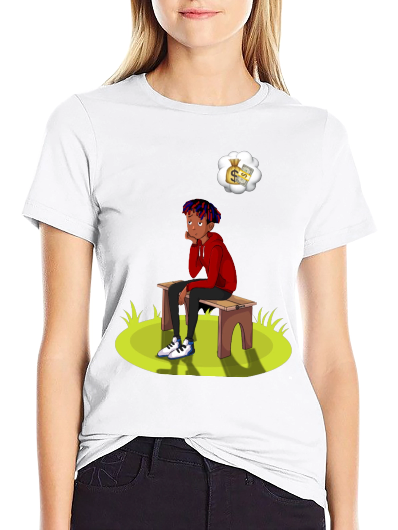 Black Cartoon Graphic Tee -  Boy on Bench Dreaming of Money view 9
