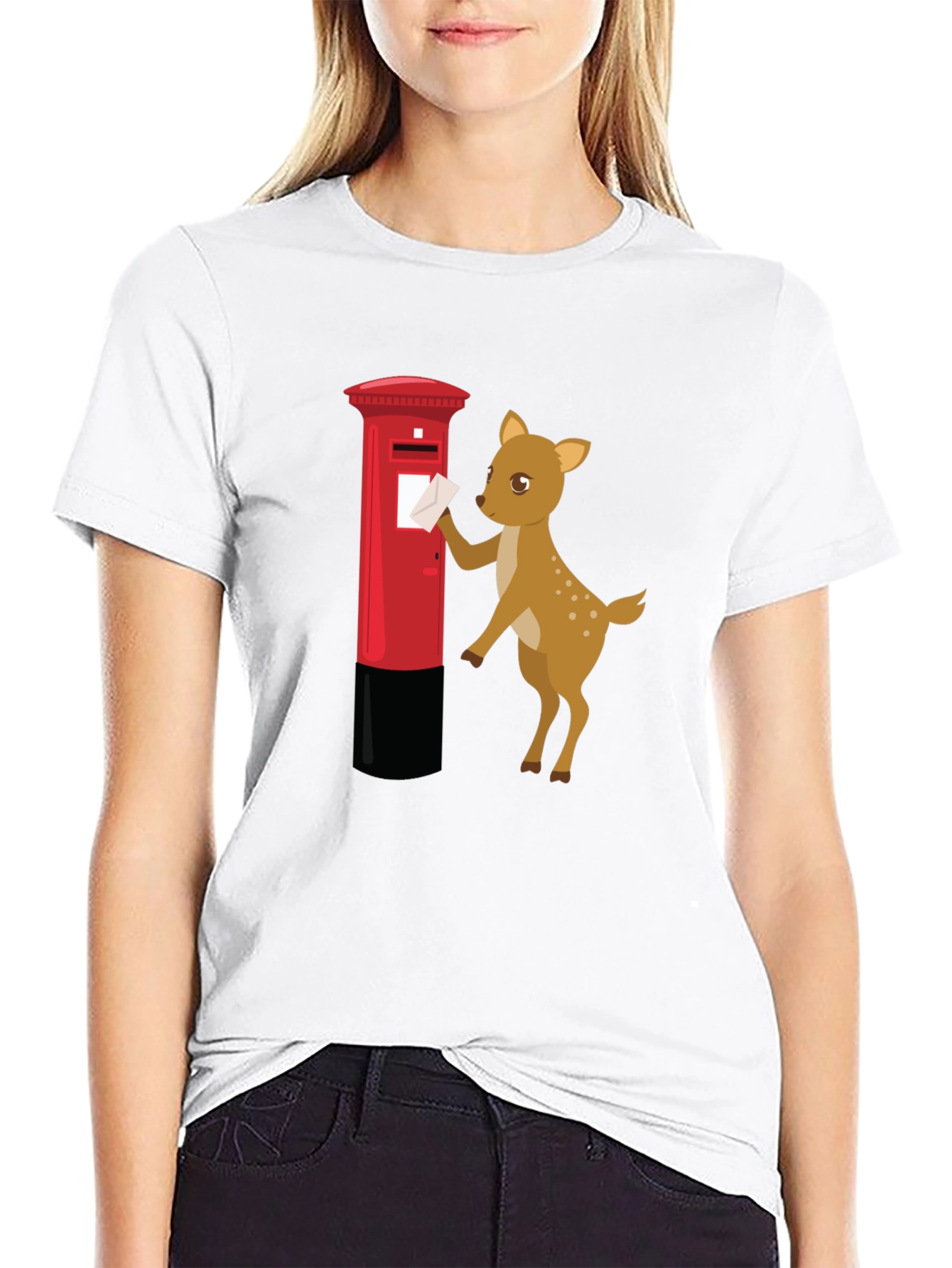 Black Cartoon Deer Posting Letter T-Shirt view 9