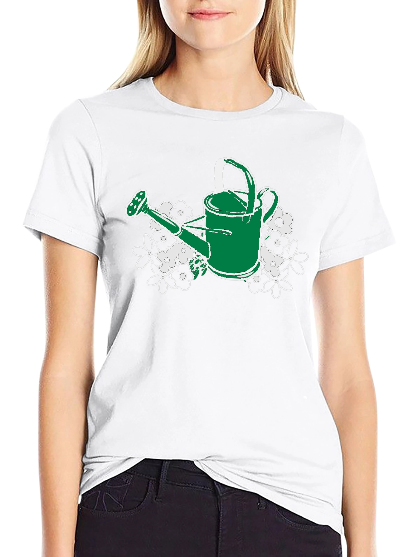 Black Gardening Watering Can T-Shirt - Floral Design view 9