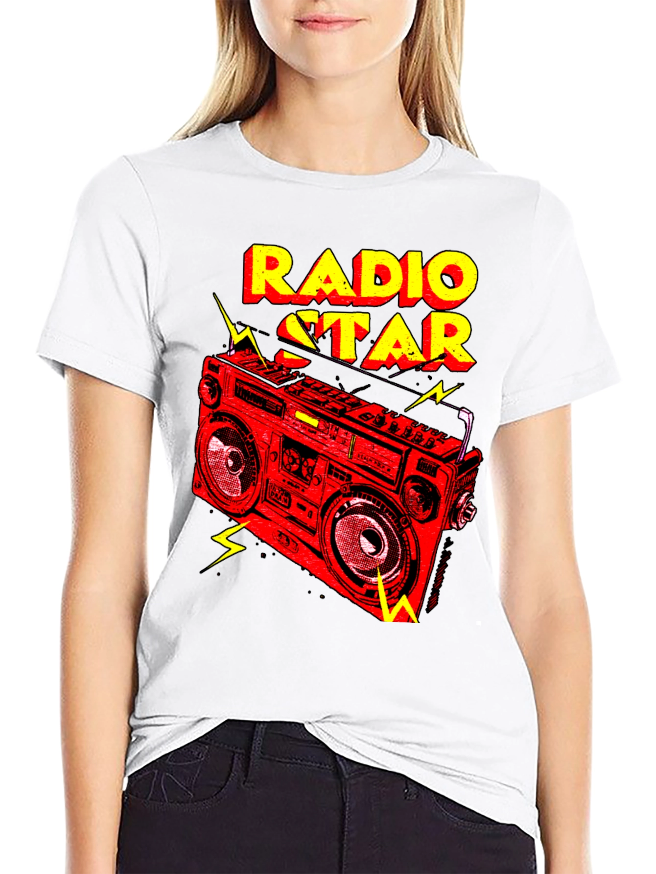 Black Radio Star Graphic Tee - Retro Boombox Design view 9