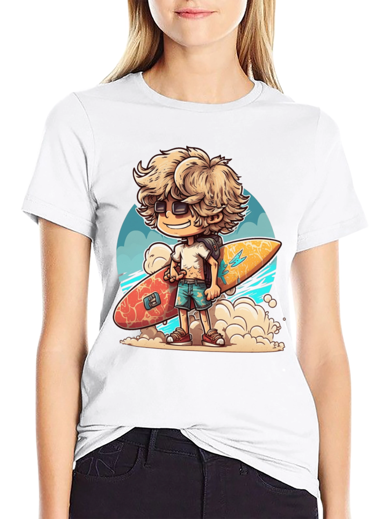 Black Surfer Dude Cartoon Graphic T-Shirt view 9