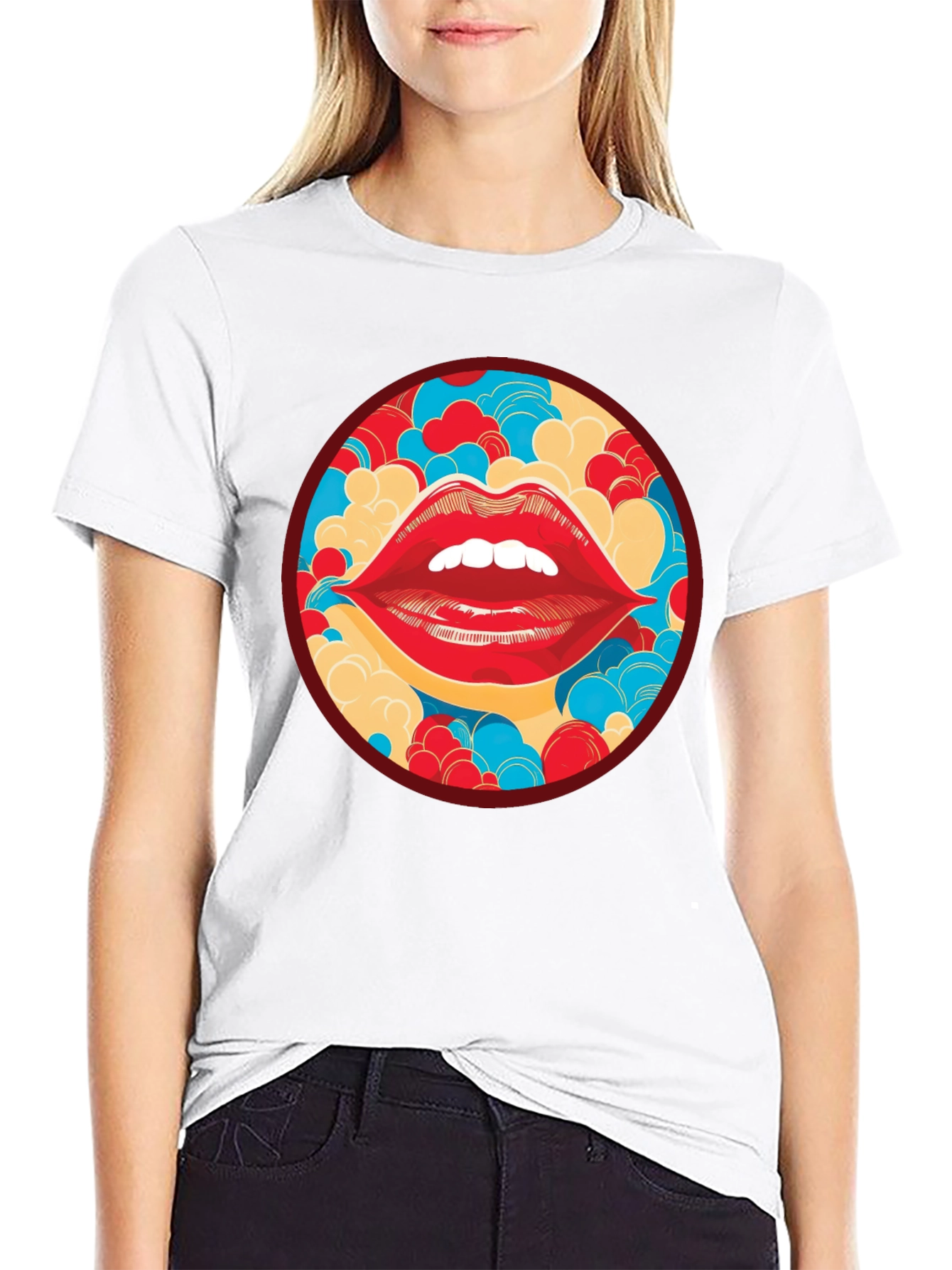 Black Red Lips Graphic Print Crew Neck T-Shirt view 9