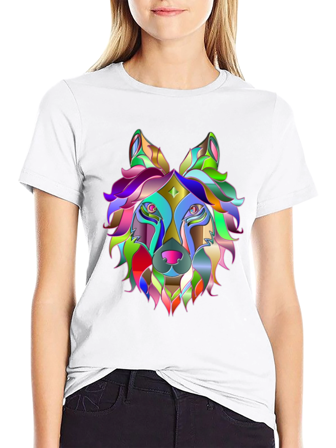 Black Colorful Geometric Wolf Graphic Tee - Unique Design view 9