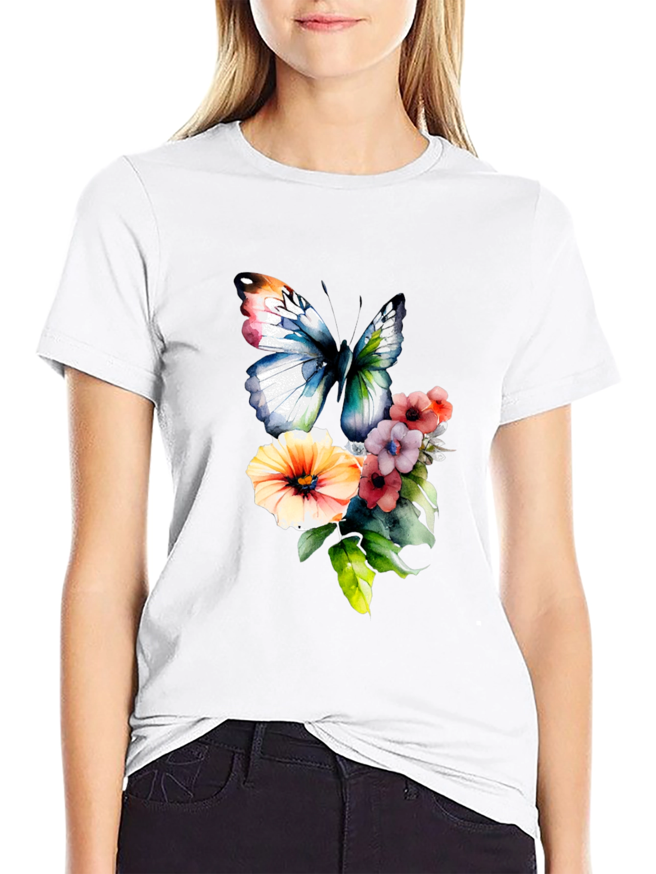Black Butterfly & Floral Print T-Shirt view 9