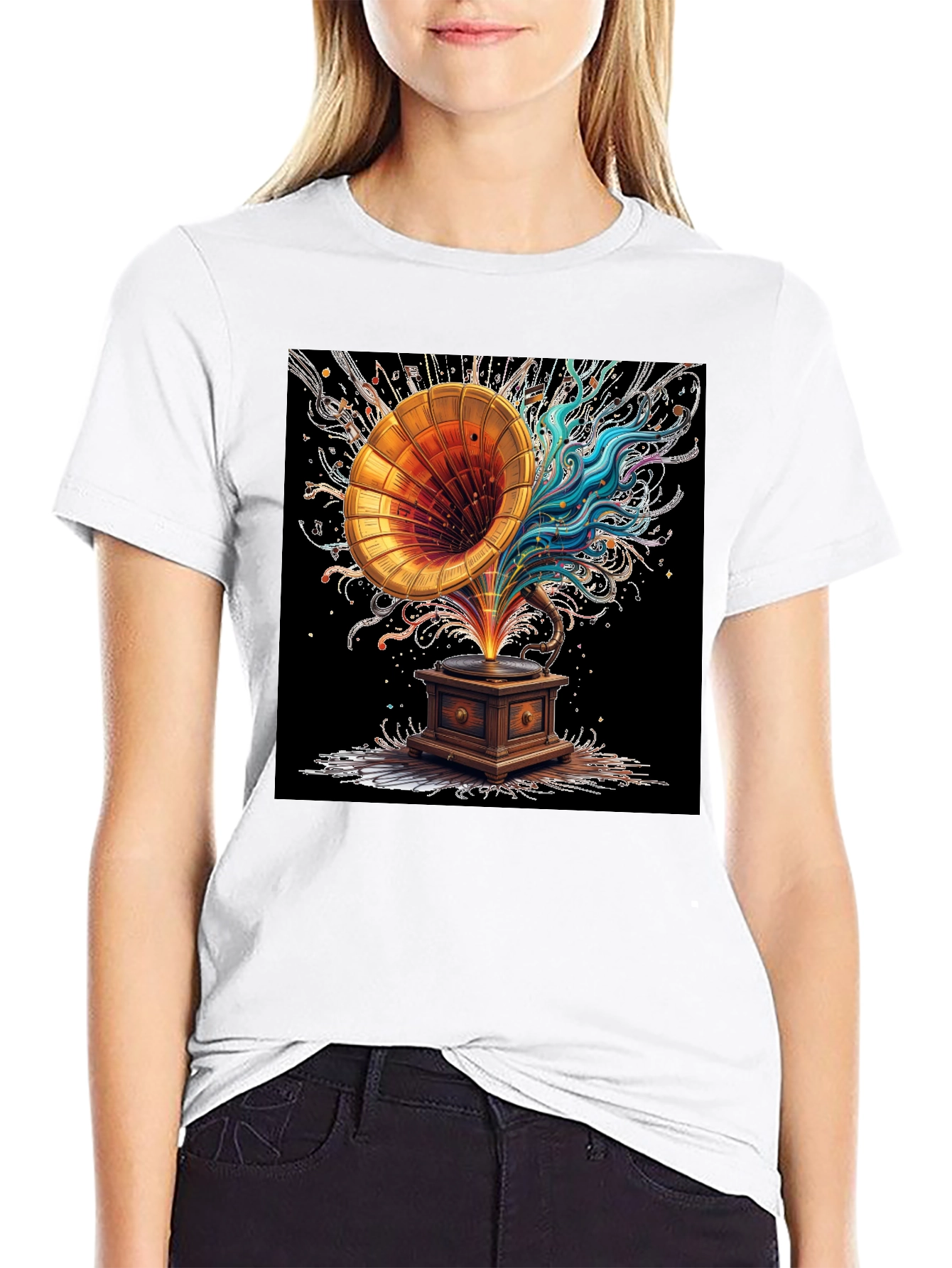 Black Vintage Gramophone Music Art T-Shirt view 9