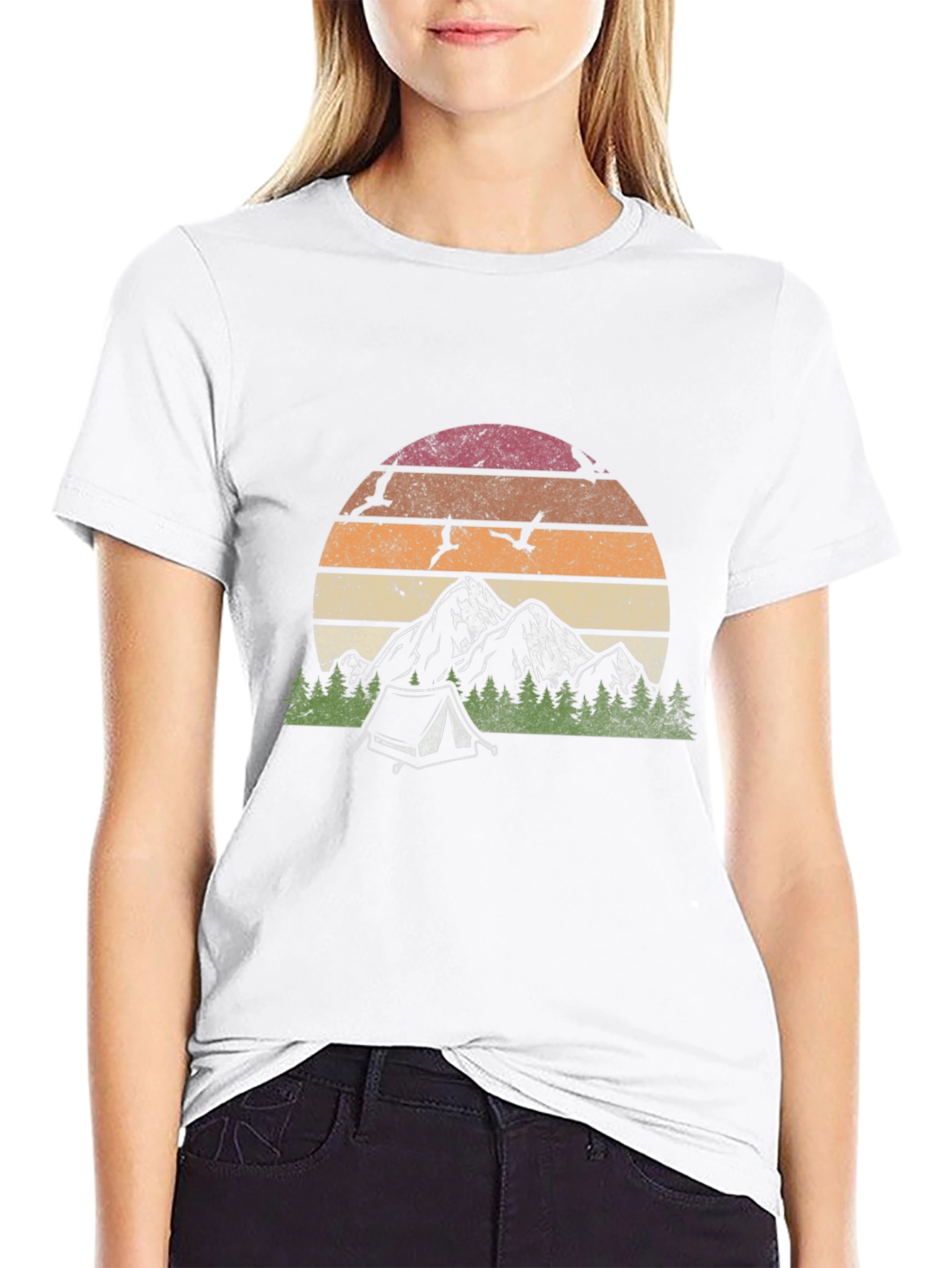 Black Retro Mountain Camping Graphic T-Shirt view 9