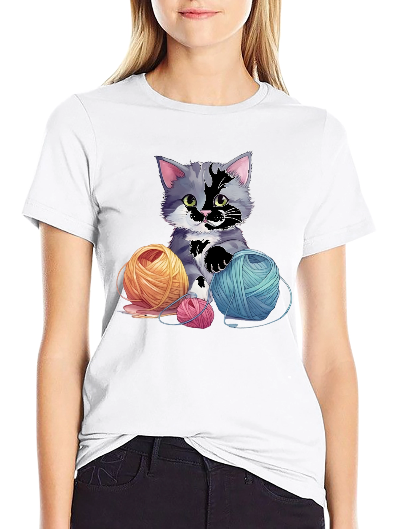 Black Cute Kitten with Yarn Balls Graphic Tee view 9
