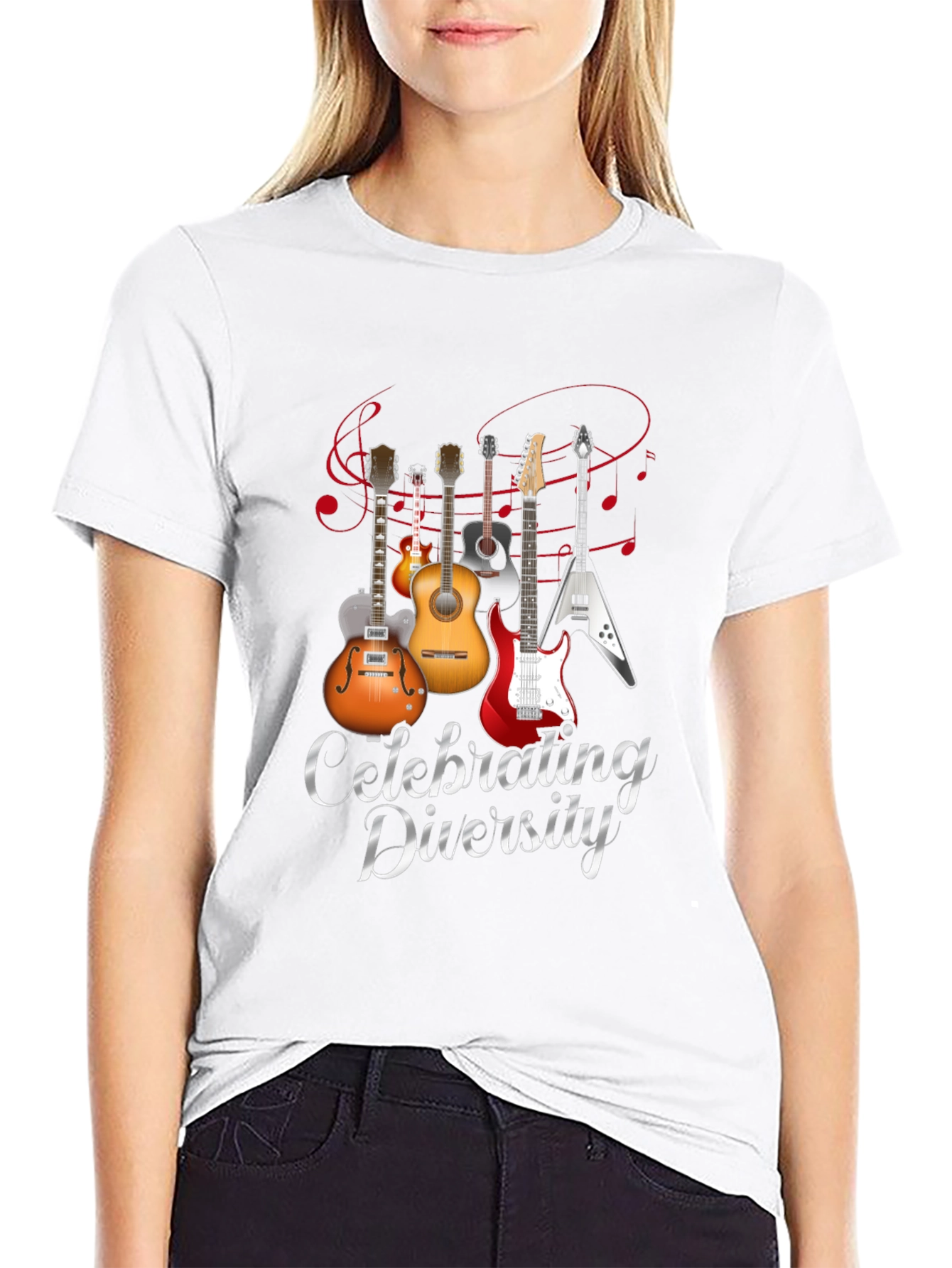 Black Celebrating Diversity Guitar Graphic T-Shirt view 9
