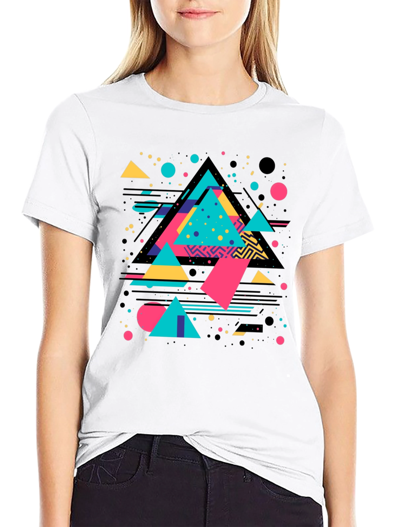 Black Retro Geometric Triangle Graphic Black T-Shirt view 9