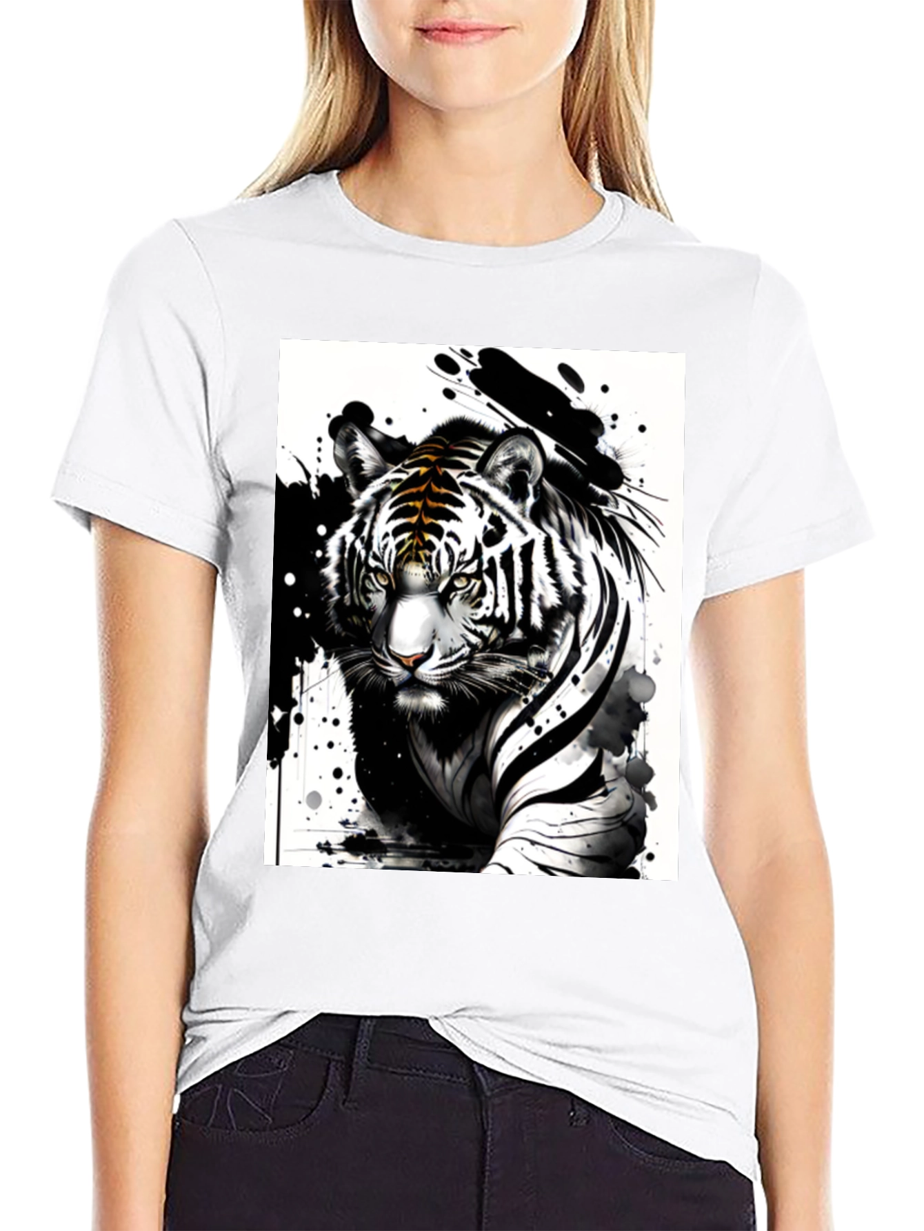 Black Tiger Ink Art Graphic Tee - Black Cotton Blend T-Shirt view 9