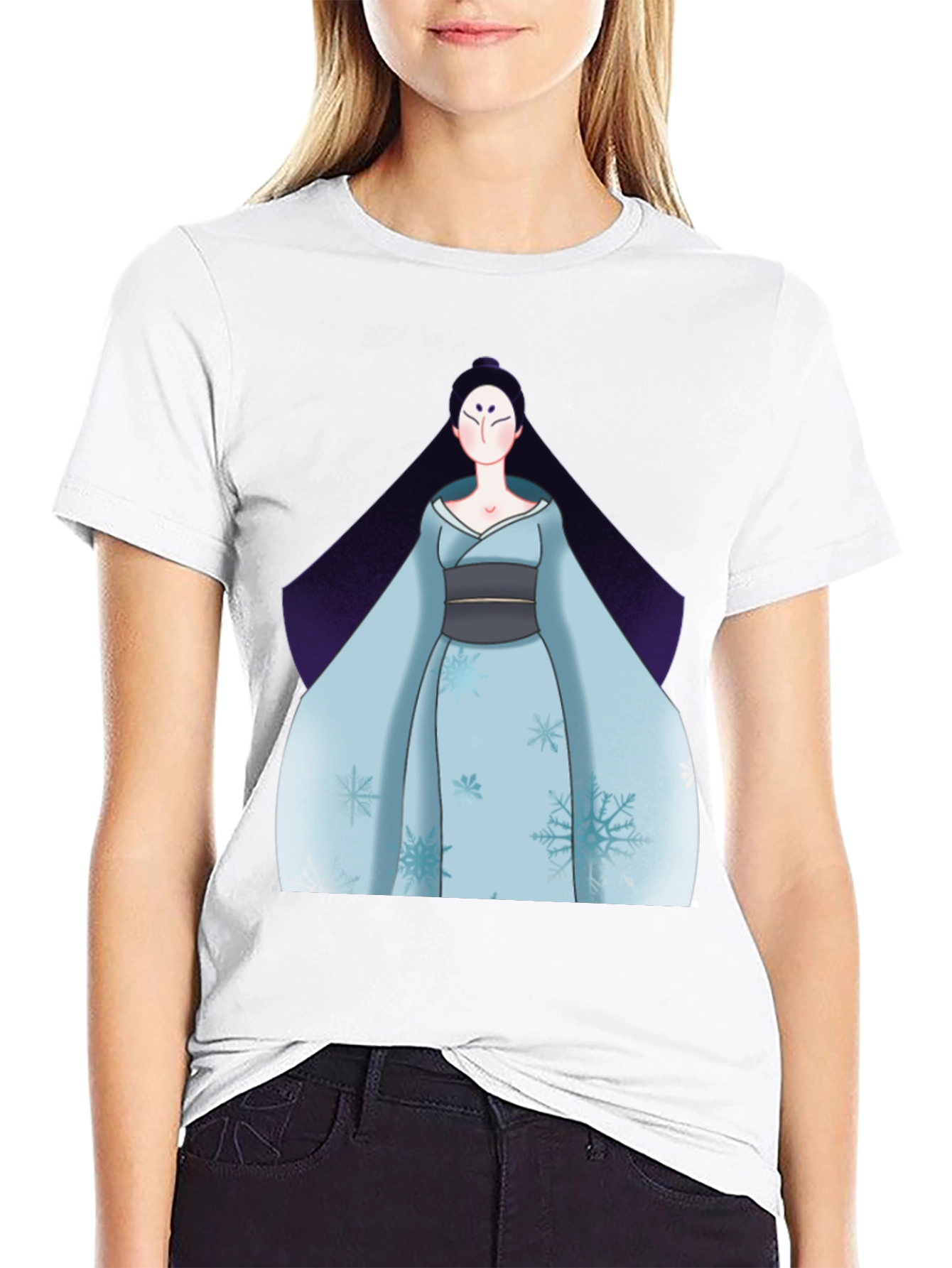 Black Black T-Shirt with Anime Winter Kimono Design view 9