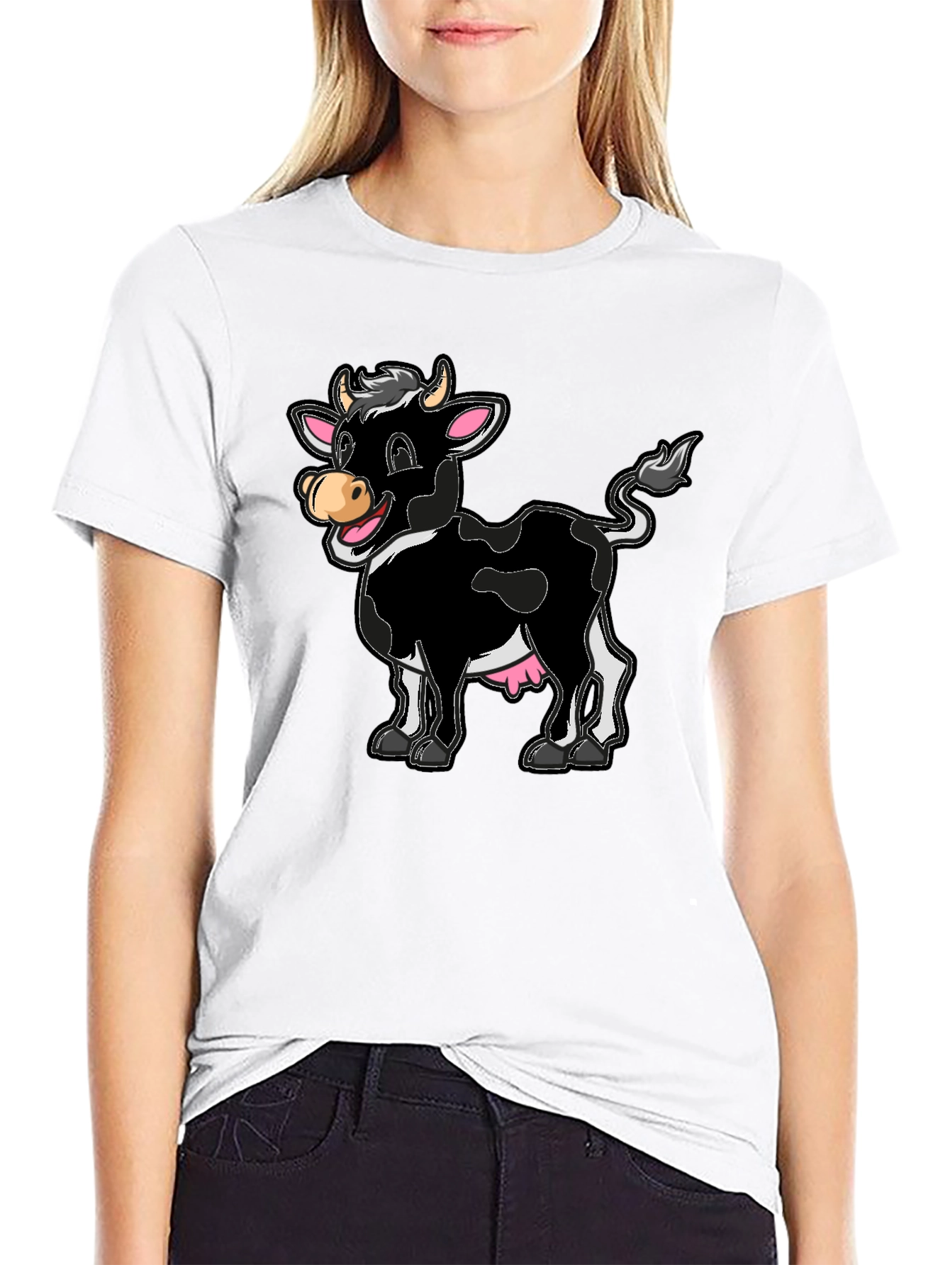 Black Funny Cartoon Cow Graphic Print T-Shirt view 9