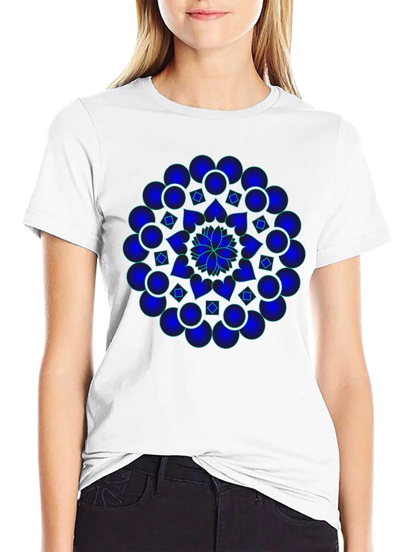 Black Mandala T-Shirt - Graphic Blue Print, Black Cotton Tee view 9